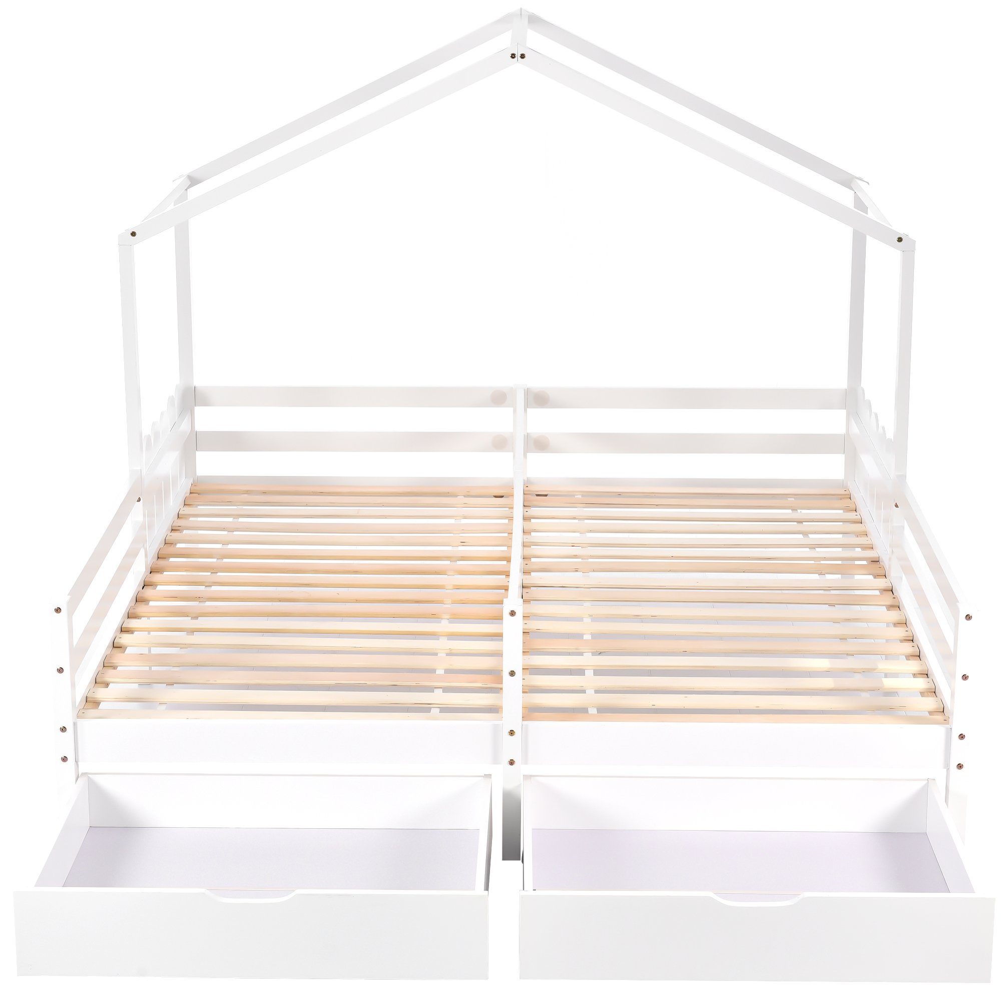 Flieks Massivholzbett, Hausbett Kinderbett Doppelbett 2 Schubladen 200x90cm