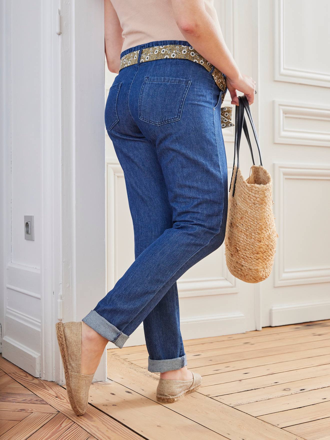 Jean grossesse volume paper bag avec ceinture denim stone