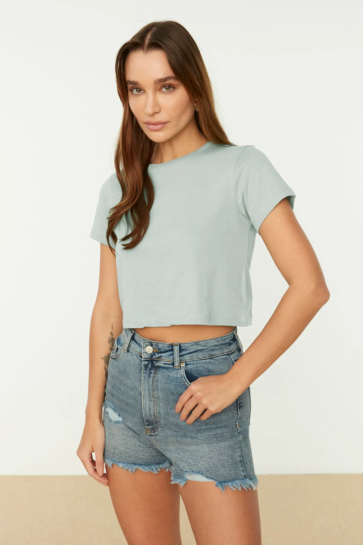 Trendyol Collection  Grau-Mint, 2er-Pack kurze Strick-T-Shirts aus 100 % Baumwolle mit Rundhalsausschnitt TWOSS20TS1480
