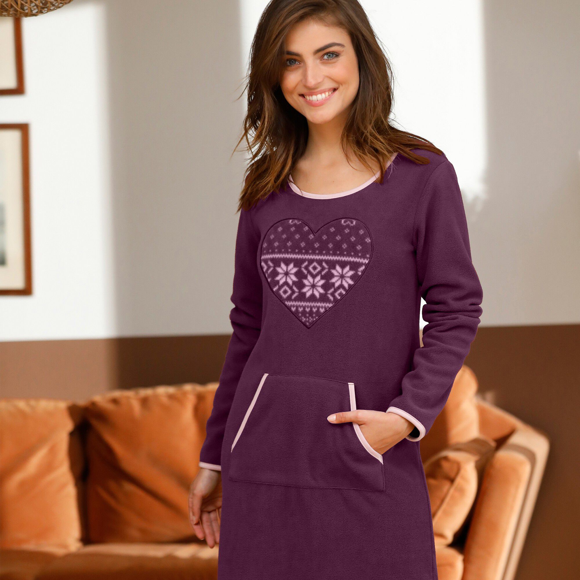 Chemise de nuit polaire imprimé coeur manches longues