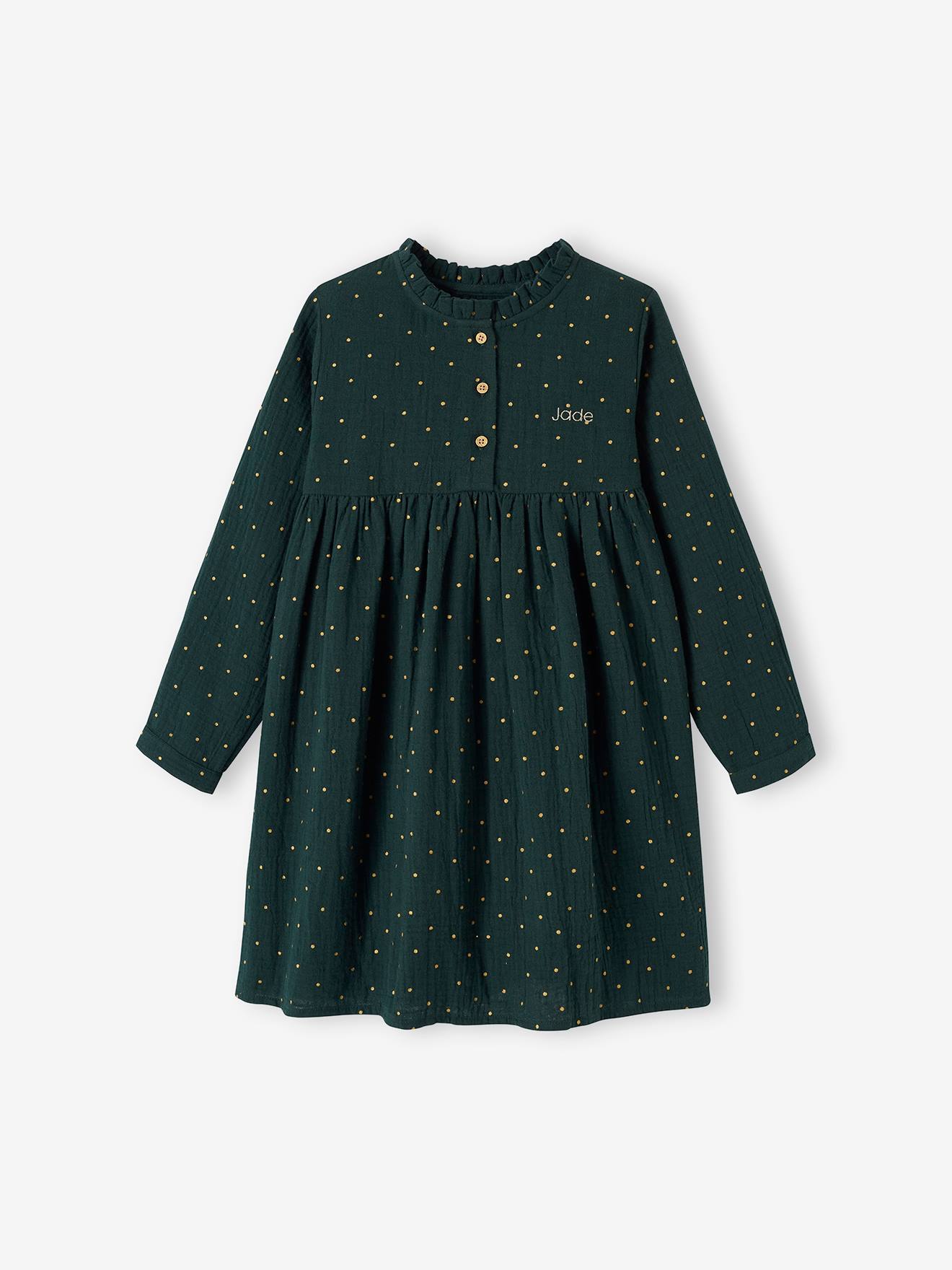 Robe en gaze de coton détails fantaisie fille beige
