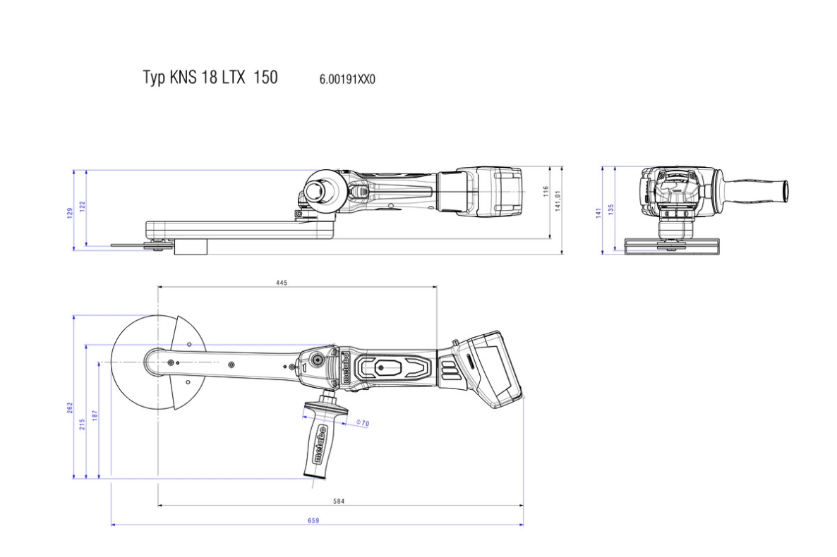 Metabo KNS 18 LTX 150 akumuliatorinis kampinis šlifuoklis su korpusu