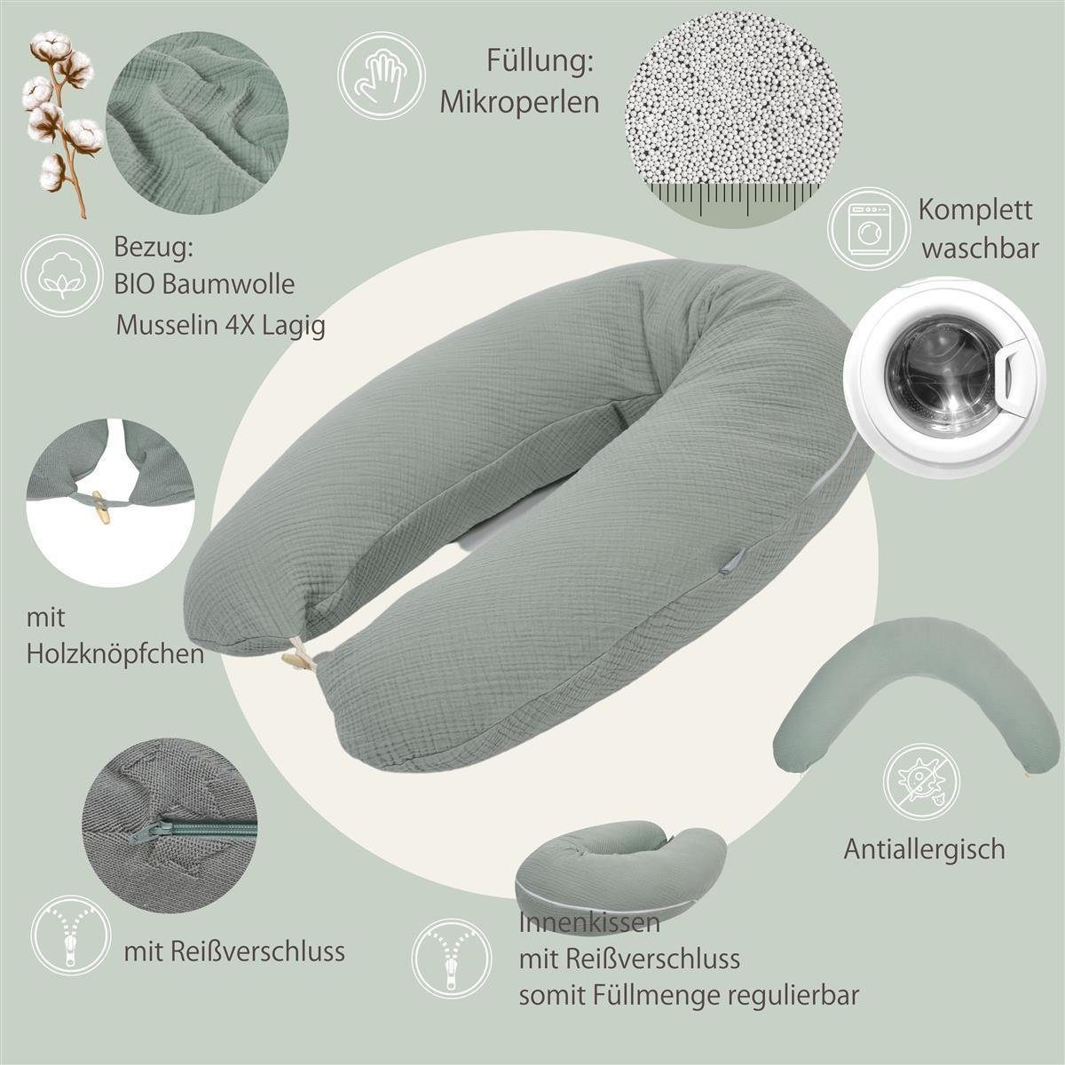 SEI Design Stillkissen Seitenschläferkissen Babynestchen mit EPS Mikroperlen, Spar-Set 2X Bezug, Musselin BIO Baumwolle