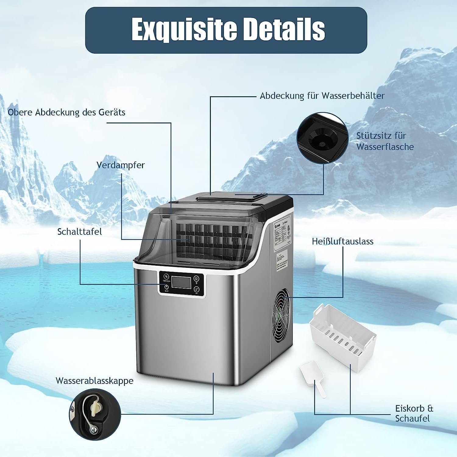 KOMFOTTEU Eiswürfelmaschine, 18 kg/24 Std., mit 3,2 L Wassertank & 1,2 kg Eiskorb