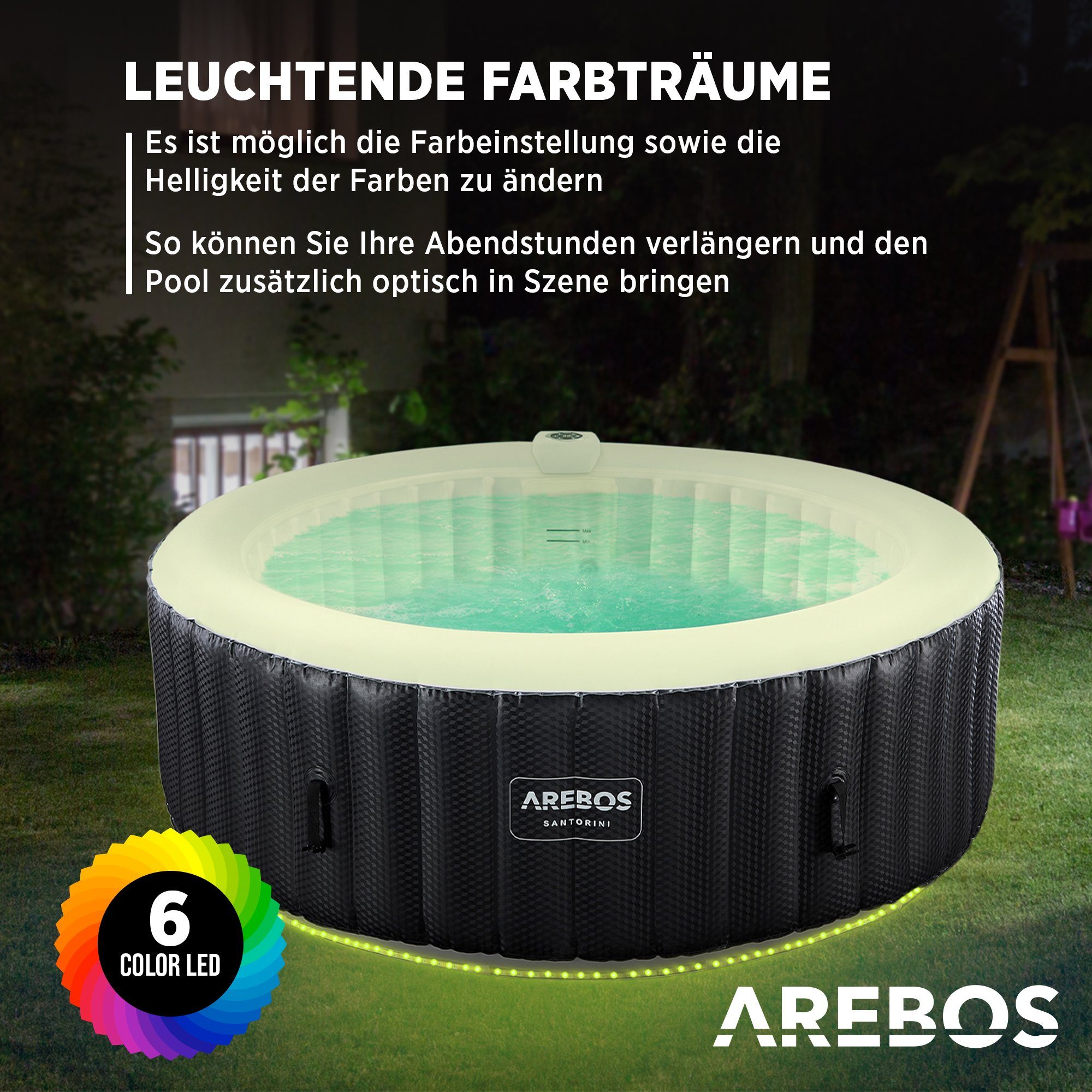 Arebos Whirlpool automatisch aufblasbar, In & Outdoor, 6 Personen, mit LED, (Aufblasbar,komplett mit Zubehör)