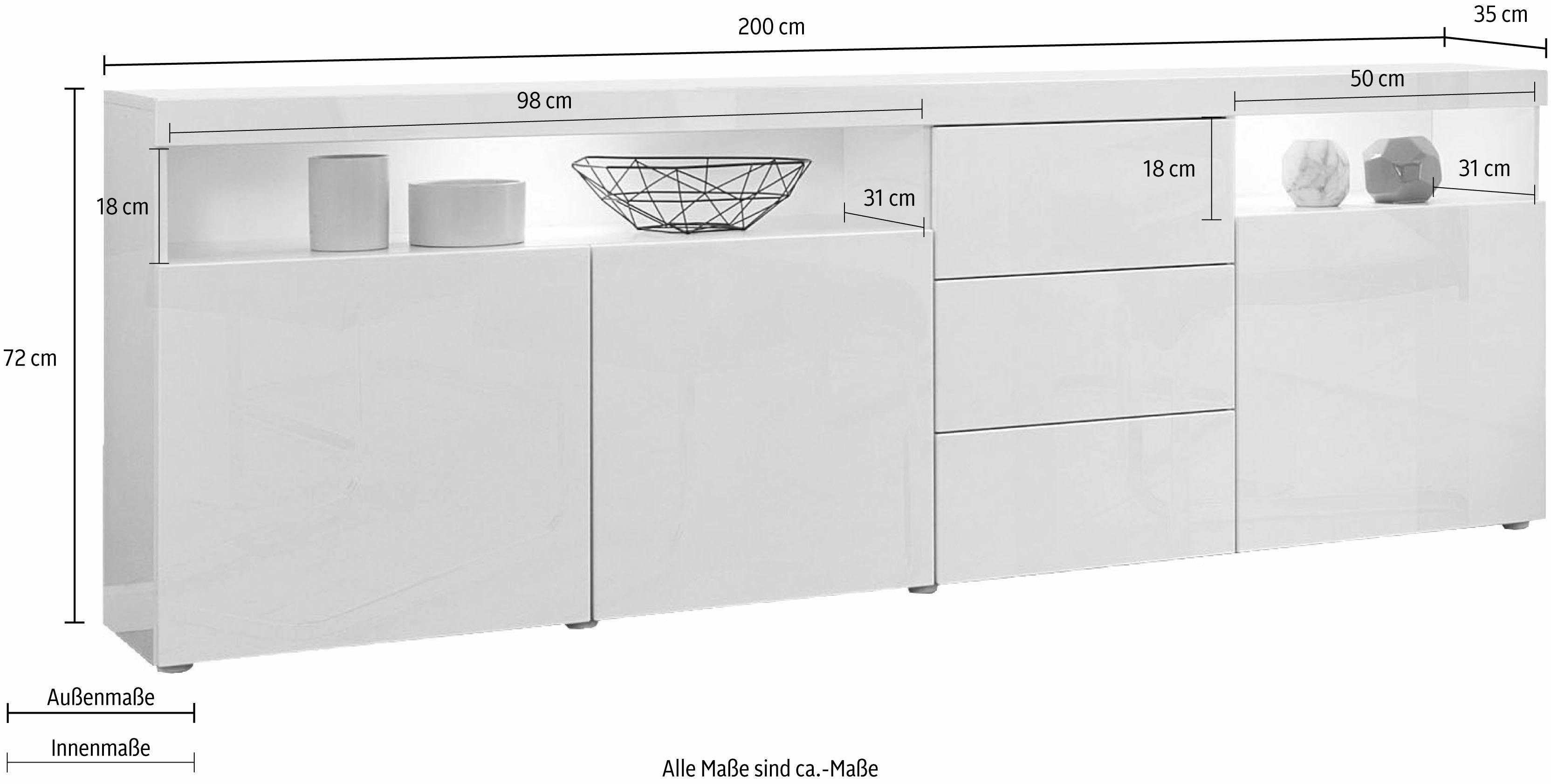 borchardt Möbel Sideboard Kapstadt, Breite 200 cm mit 3 Schubkästen