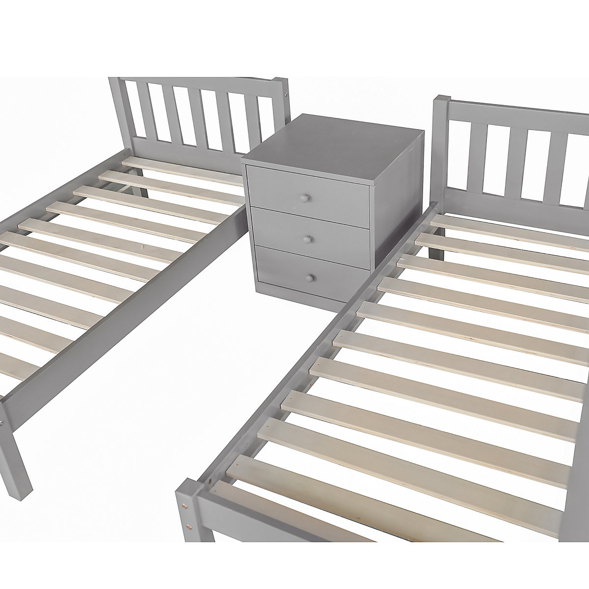 Etagenbett 90x200 Kinderhochbett mit Nachttisch, Dreibett, Massivholz, mit Schrank