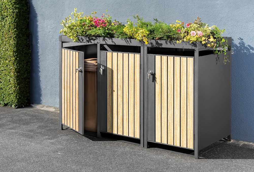 HC Garten & Freizeit 3er-Mülltonnenbox Mülltonnenverkleidung 2er mit Pflanzdach Mülltonnenbox Anthrazit