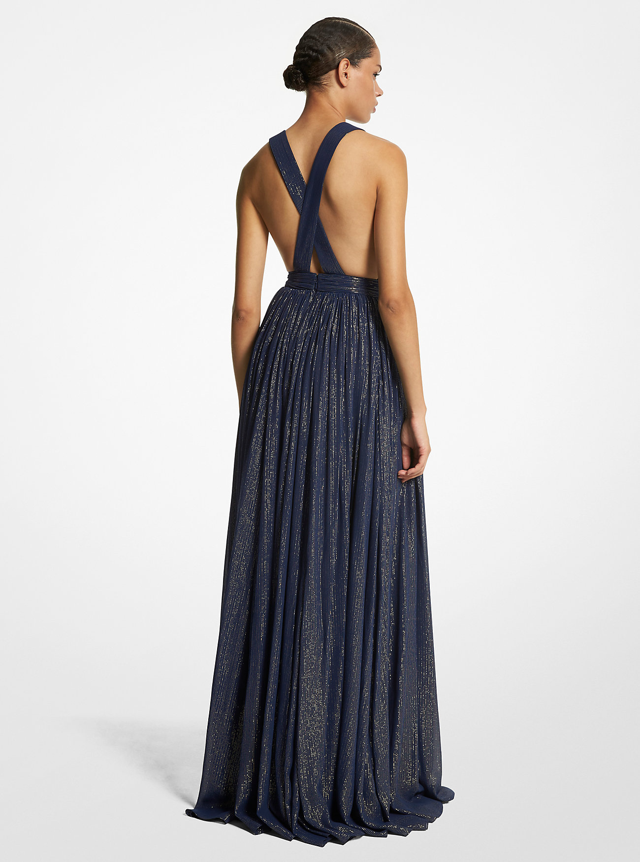 Hutton Metallic Striped Lamé Chiffon Gown - NAVY/GOLD