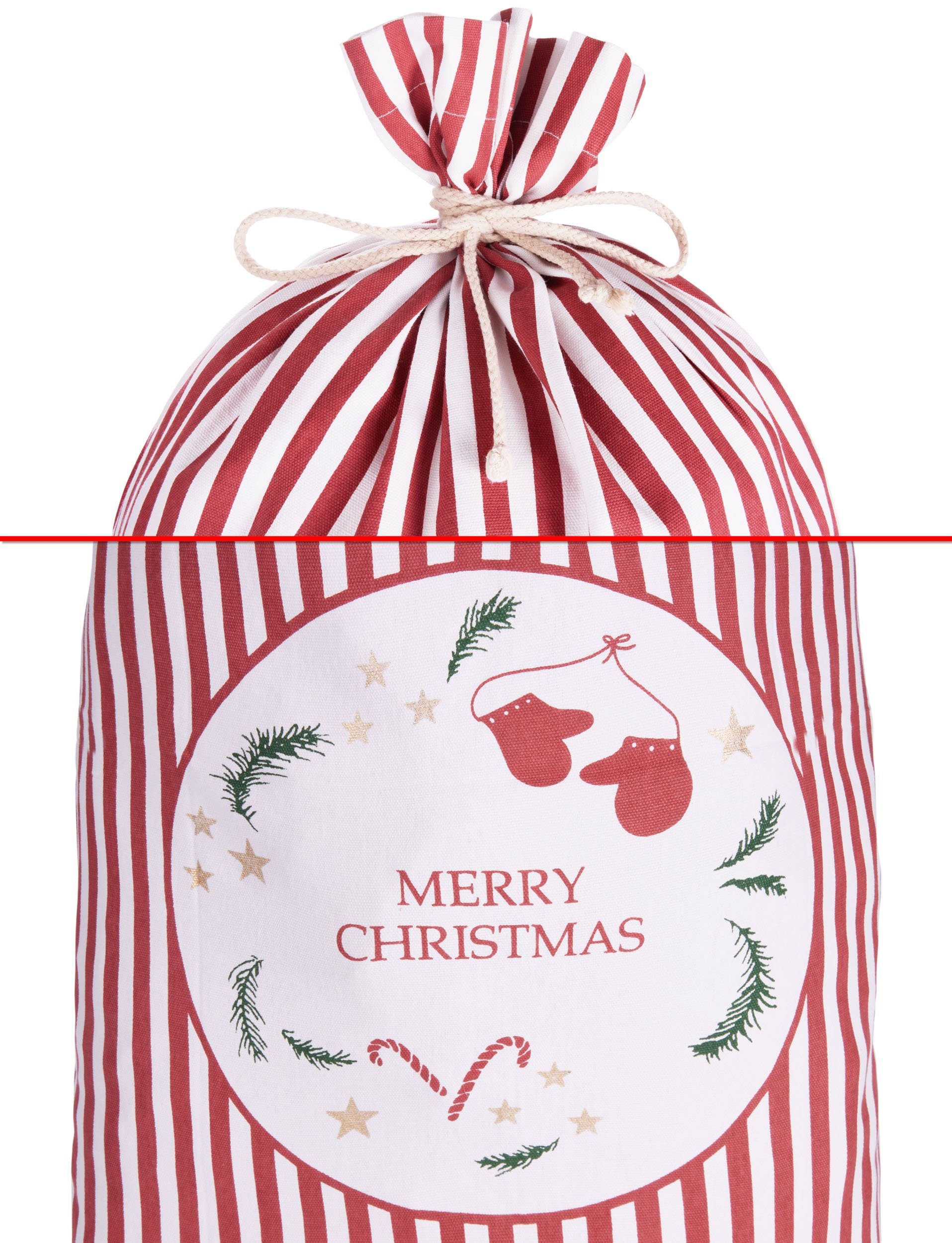BRUBAKER Aufbewahrungstasche Weihnachtssack Merry Christmas Rot Weiß - 80 cm Geschenksack (1-tlg., Tanne, Sterne, Zuckerstange und Handschuhe), Nikolaussack Sack Baumwolle mit Kordel für Geschenke