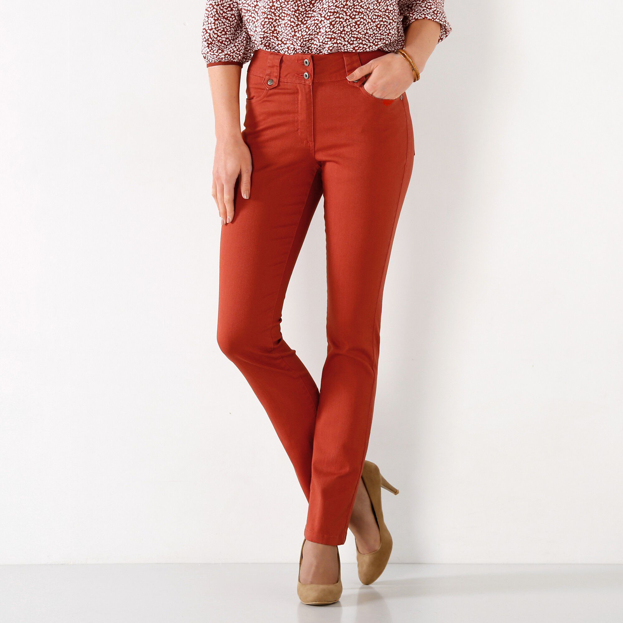 Pantalon droit taille haute effet denim