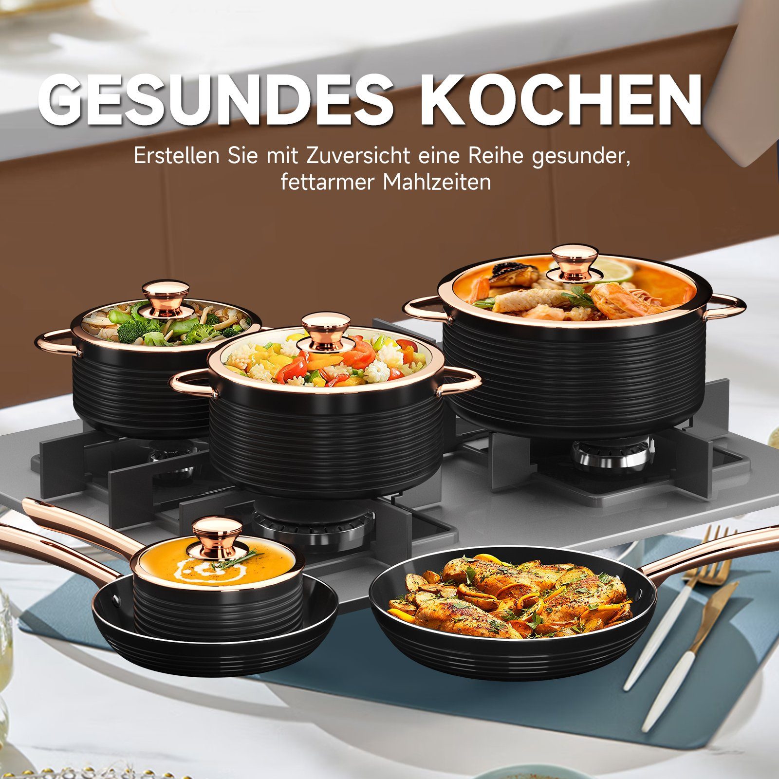 HOMELUX Topf-Set 10tlg Induktions Töpfe Set, Aluminiumguss Kochtopfset mit Deckel, Aluminium (4 Töpfe mit Glasdeckel + 2 Pfanne), induktionsgeeignet