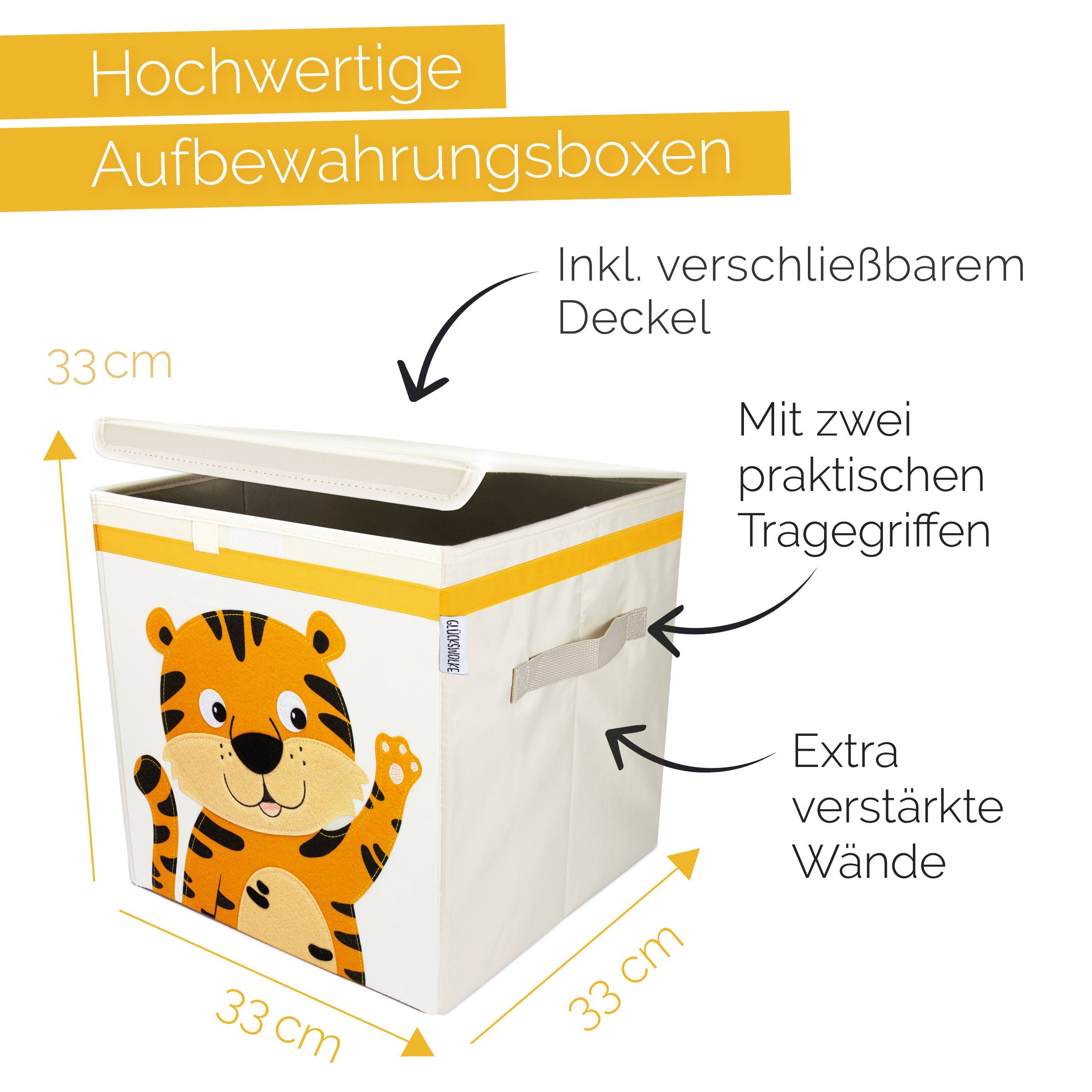 GLÜCKSWOLKE Aufbewahrungsbox Kinder - 15 Motive I Spielzeugkiste mit Deckel für Kinderzimmer (Größe 33x33x33), Boxen zur Aufbewahrung im Kallax Regal I Kiste für Spielzeug