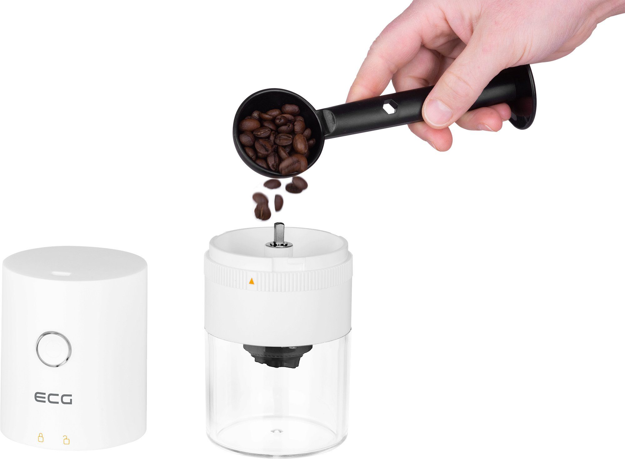 ECG Kaffeemühle KM 150 Minimo white, 120 W, Konische keramische Mahlsteine, 30,00 g Bohnenbehälter, Einstellung des Mahlgrades, Sehr niedriger Geräuschpegel der Mühle