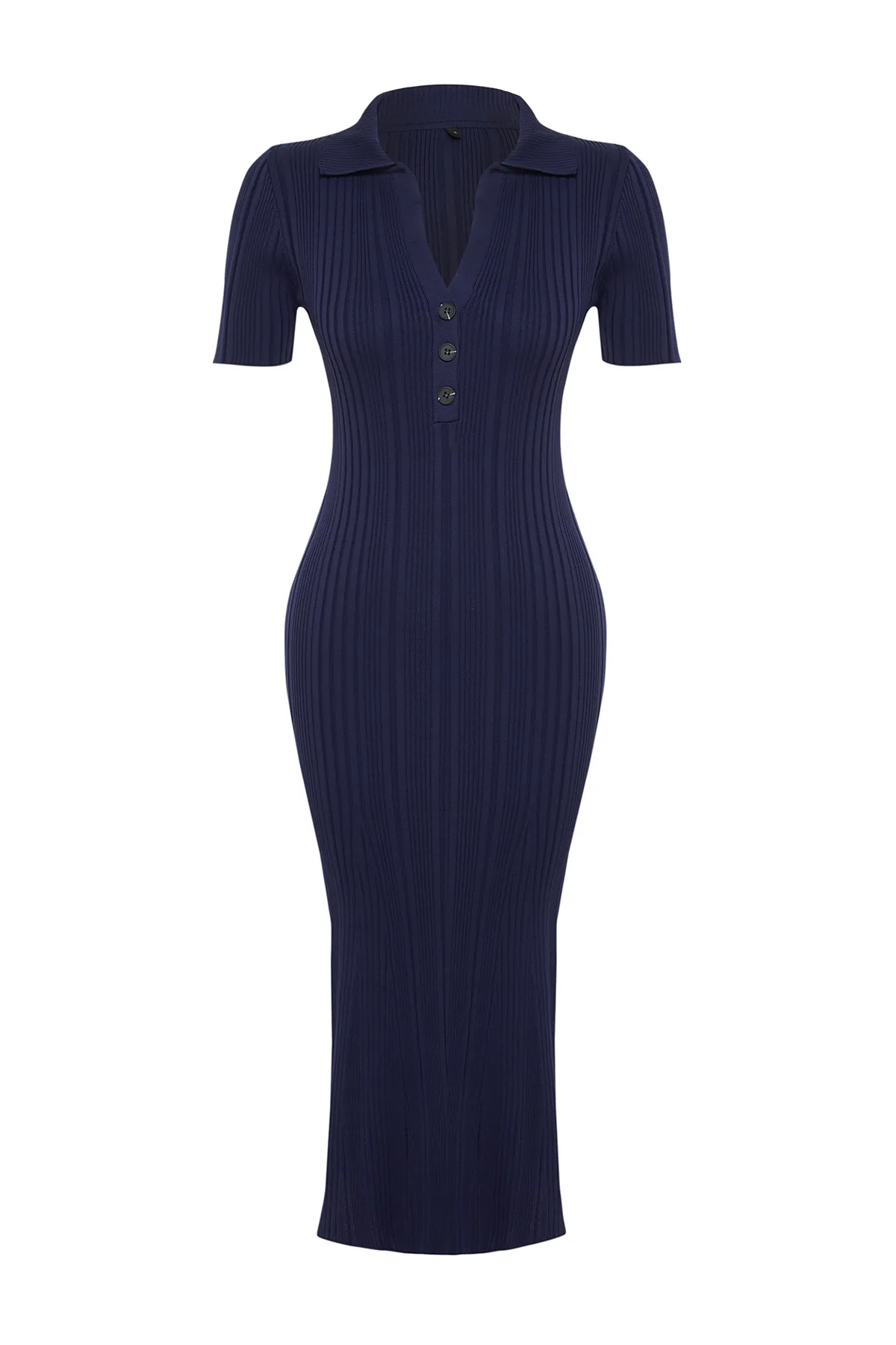 Trendyol Collection  Marineblaues Maxi-Strickkleid mit Polokragen TWOSS24EL00282