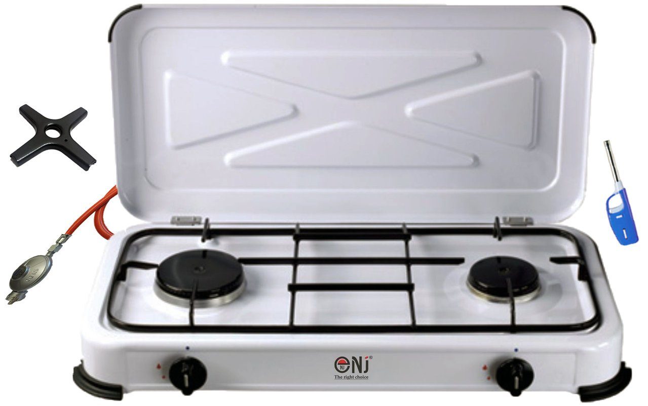 NJ The right choice Gaskocher NJ-02, Propan Gaskocher 2 flammig Campingkocher 3,4 KW mit Deckel