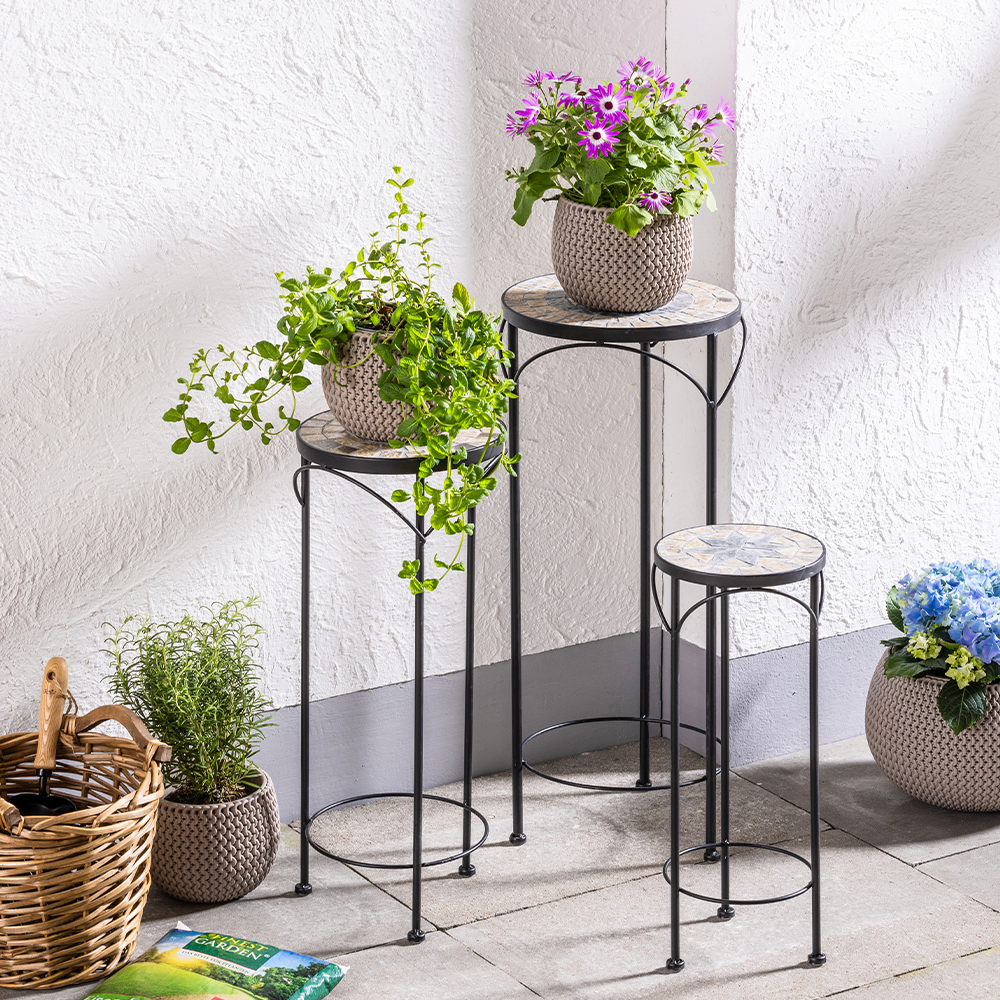HC Garten & Freizeit Mosaik Blumenständer 3er Set aus Metall Pflanzenständer Set schwarz