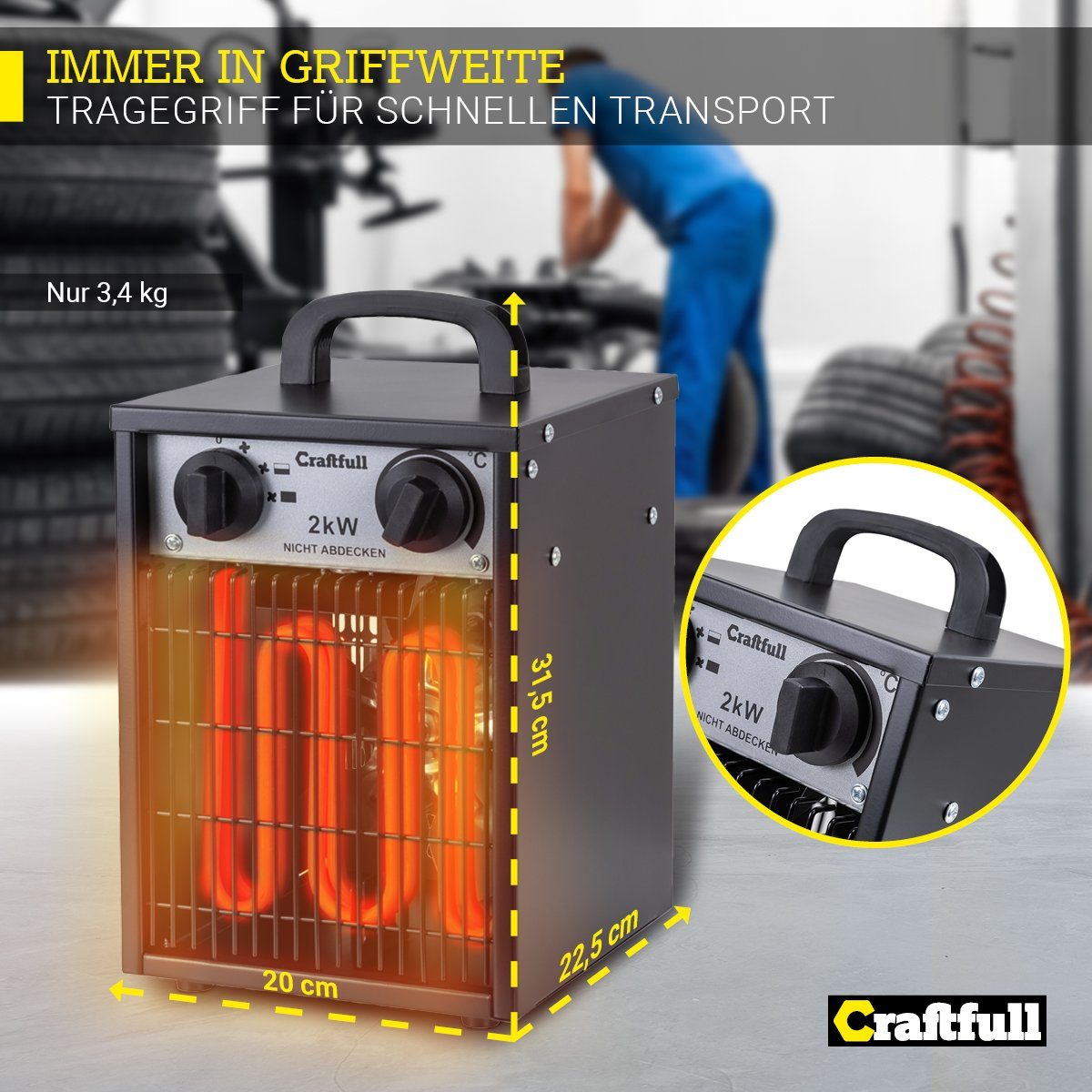 Craftfull Heizlüfter Elektro Heizgerät HL200 inkl. 3 J. Garantie - 3 Heizstufen - Bauheizer, 2000 W, Elektroheizung Heizung Heizer - Termostatregelung - Tragegriff