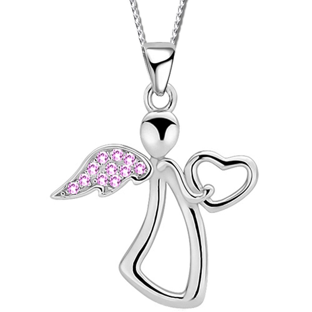 Limana Schmuckset echt 925 Sterling Silber Schutz-Engel Herz Halskette mit Ohrringe, Ohrstecker rosa Engelkette Kinderschmuck Mädchenschmuck Set