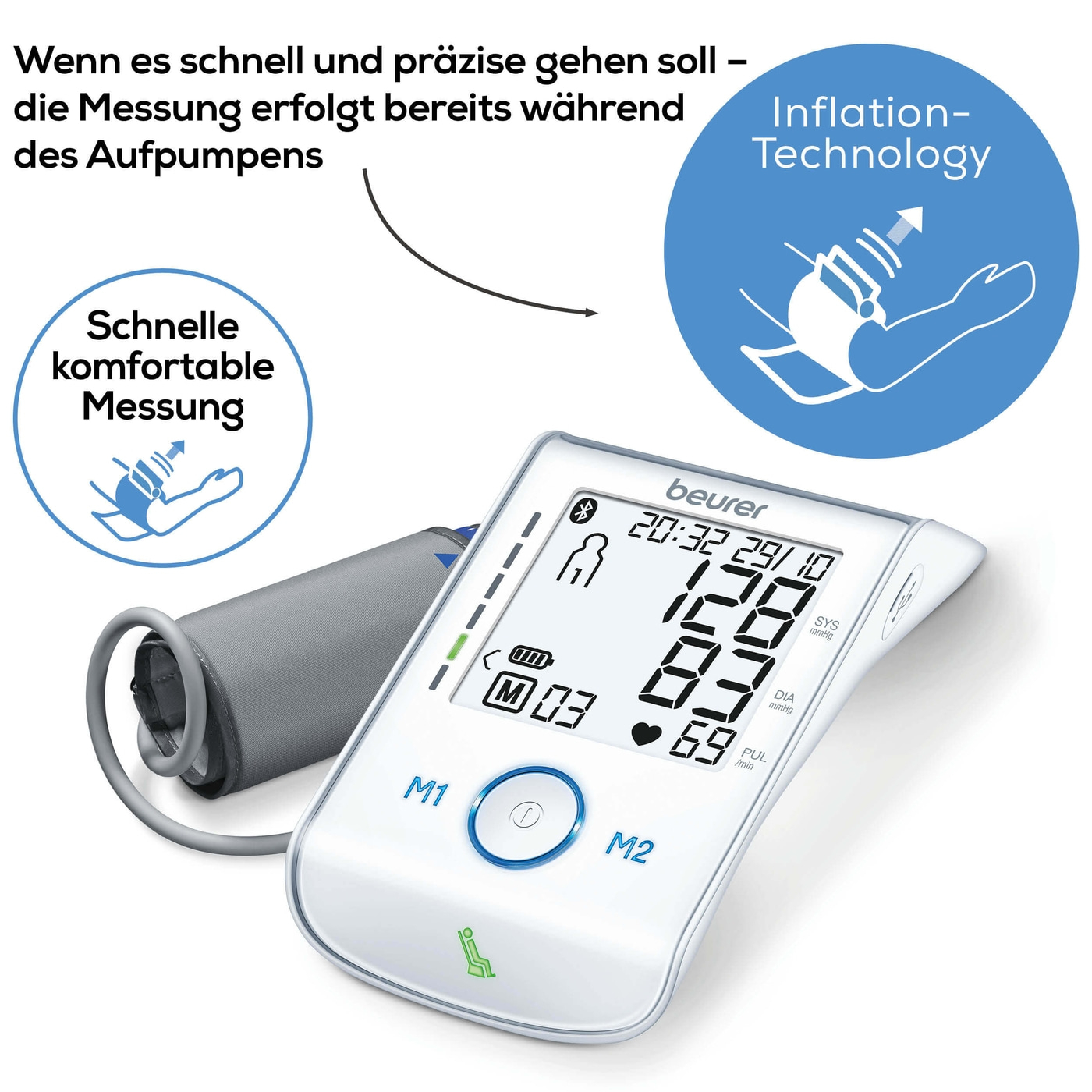 Beurer Oberarm-Blutdruck-messgerät BM 85-Bluetooth® Oberarm-Blutdruckmessgerät mit Inflation-Technology & Ruheindikator