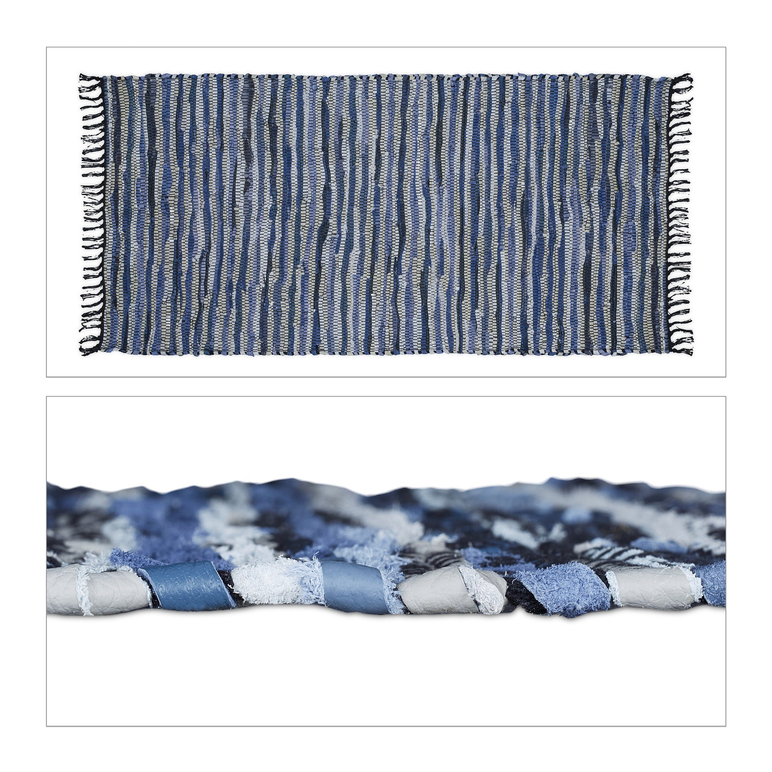 Läufer Flickenteppich Leder & Baumwolle, relaxdays, Höhe: 10 mm, Blau, 70x140cm