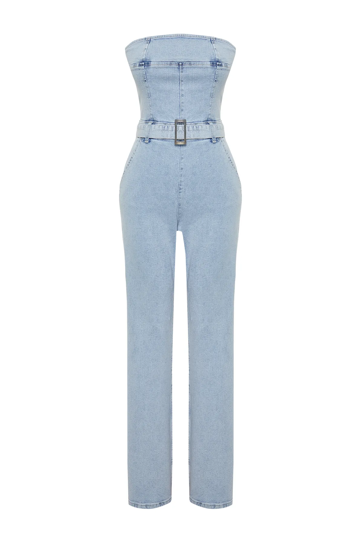 Trendyol Collection  Hellblauer trägerloser Denim-Jumpsuit mit Gürtel TWOSS24TU00023