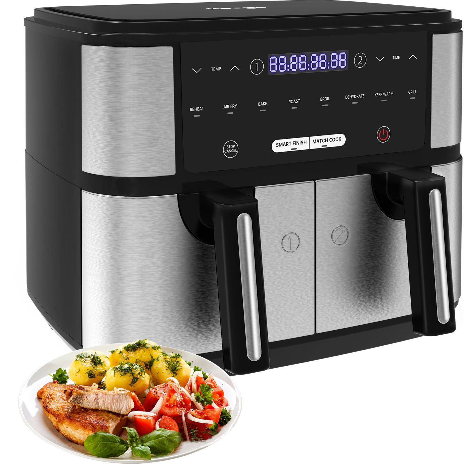 iceagle Heißluftfritteuse Airfryer KDF-5515DT, 9L Luftfritteuse mit Doppelkammer, 8 Programme, 2600,00 W, 4.5L+4.5L, Weniger Öl, Gesünder