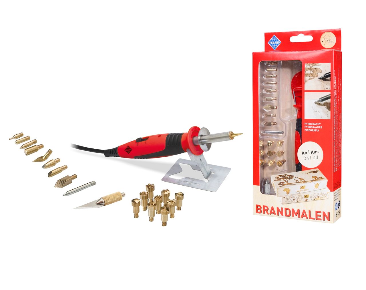 PEBARO Brandmal-Set mit An/Aus-Kolben und 20 Aufsätzen