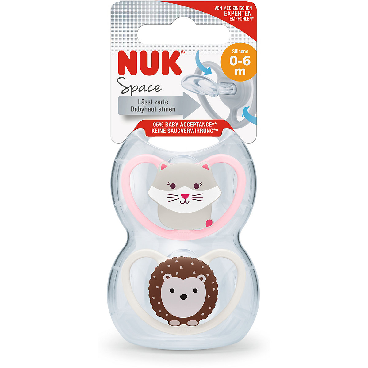 NUK Space Silikon-Schnuller, kiefergerechte Form, 0-6 Monate, 2 Stück, Katze & Igel