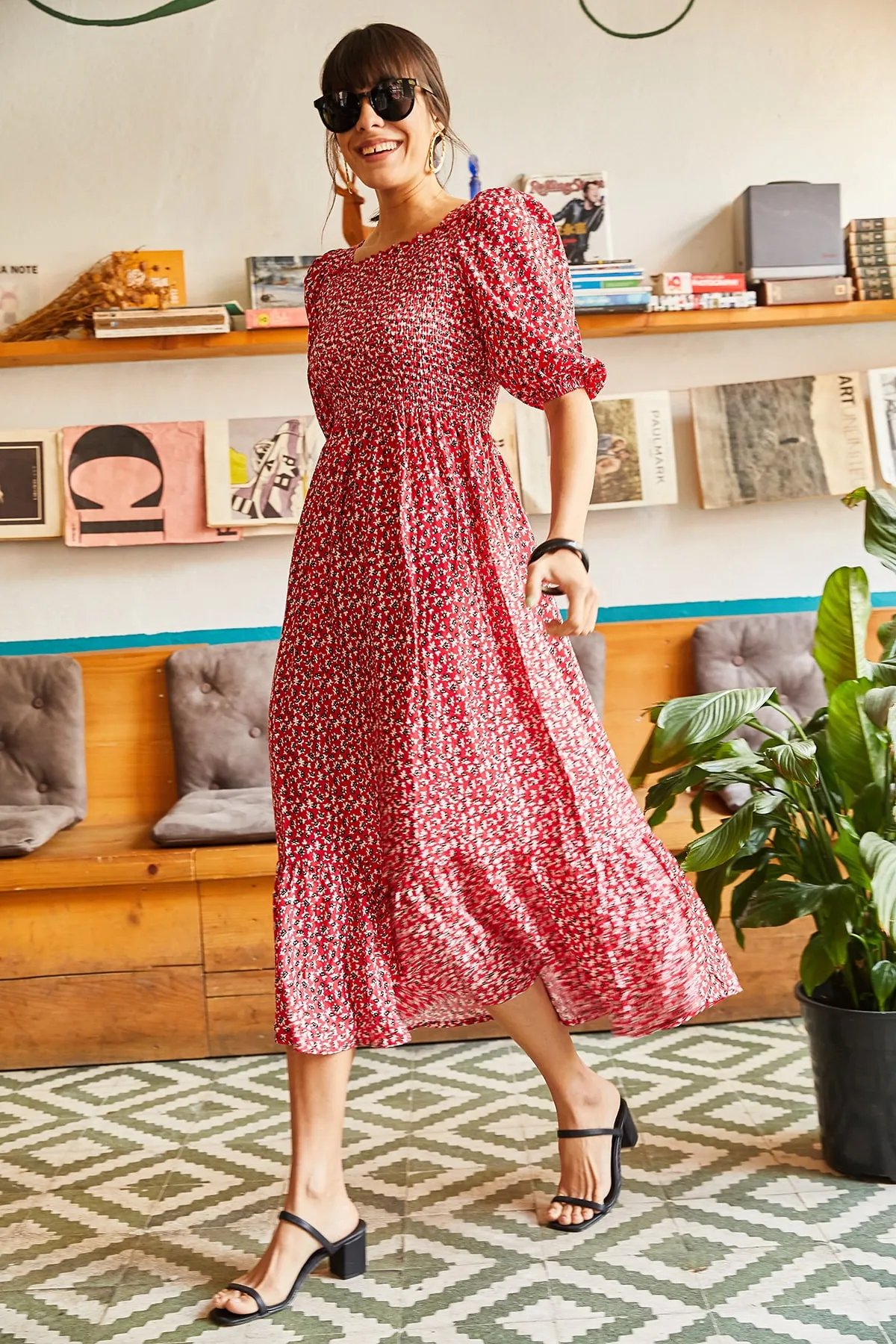 Olalook  Rotes Gimped-Freizeitkleid aus gewebter Viskose für Damen ELB-19001483