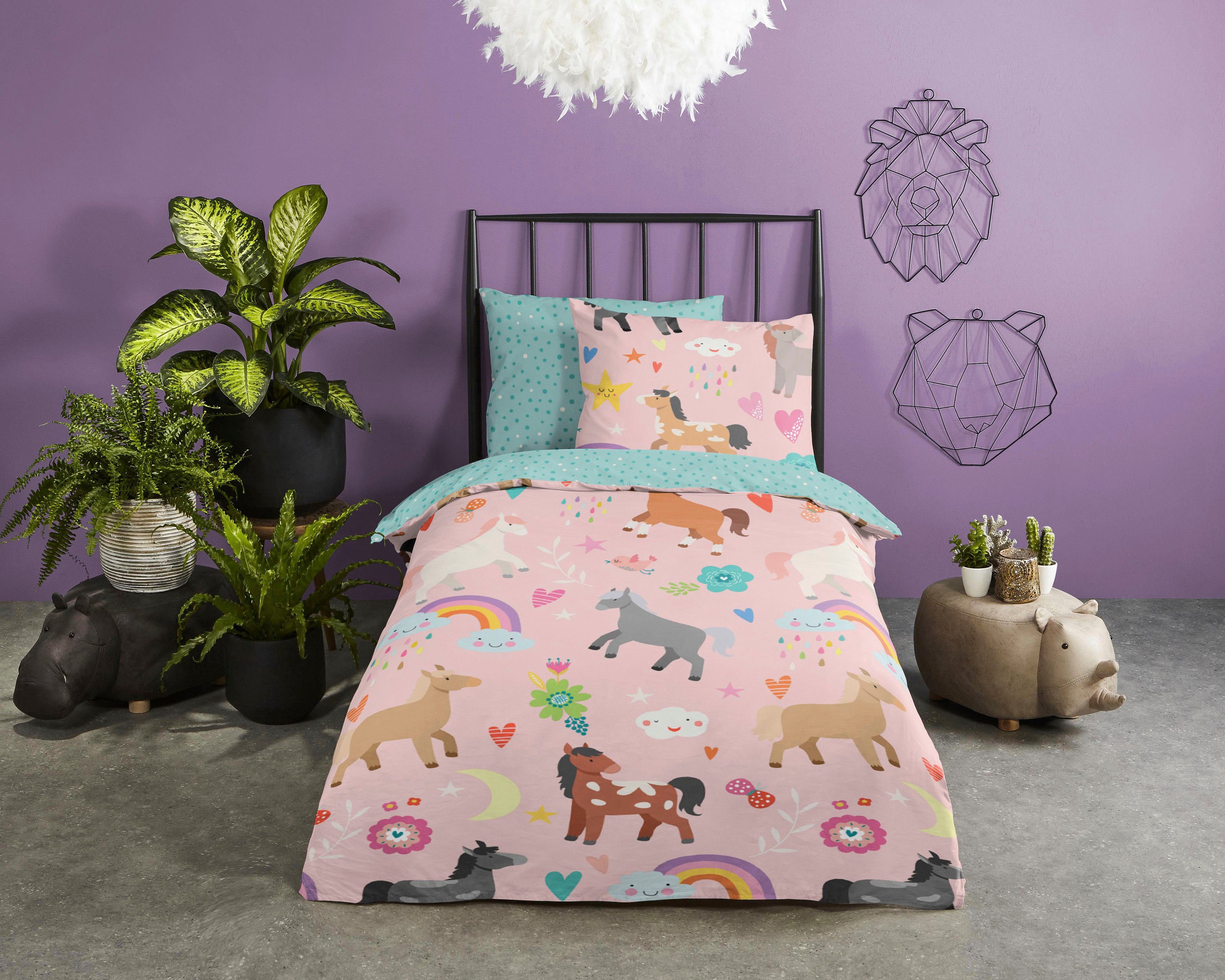 Kinderbettwäsche Horses, good morning, Renforcé, 2 teilig, 100% Baumwolle