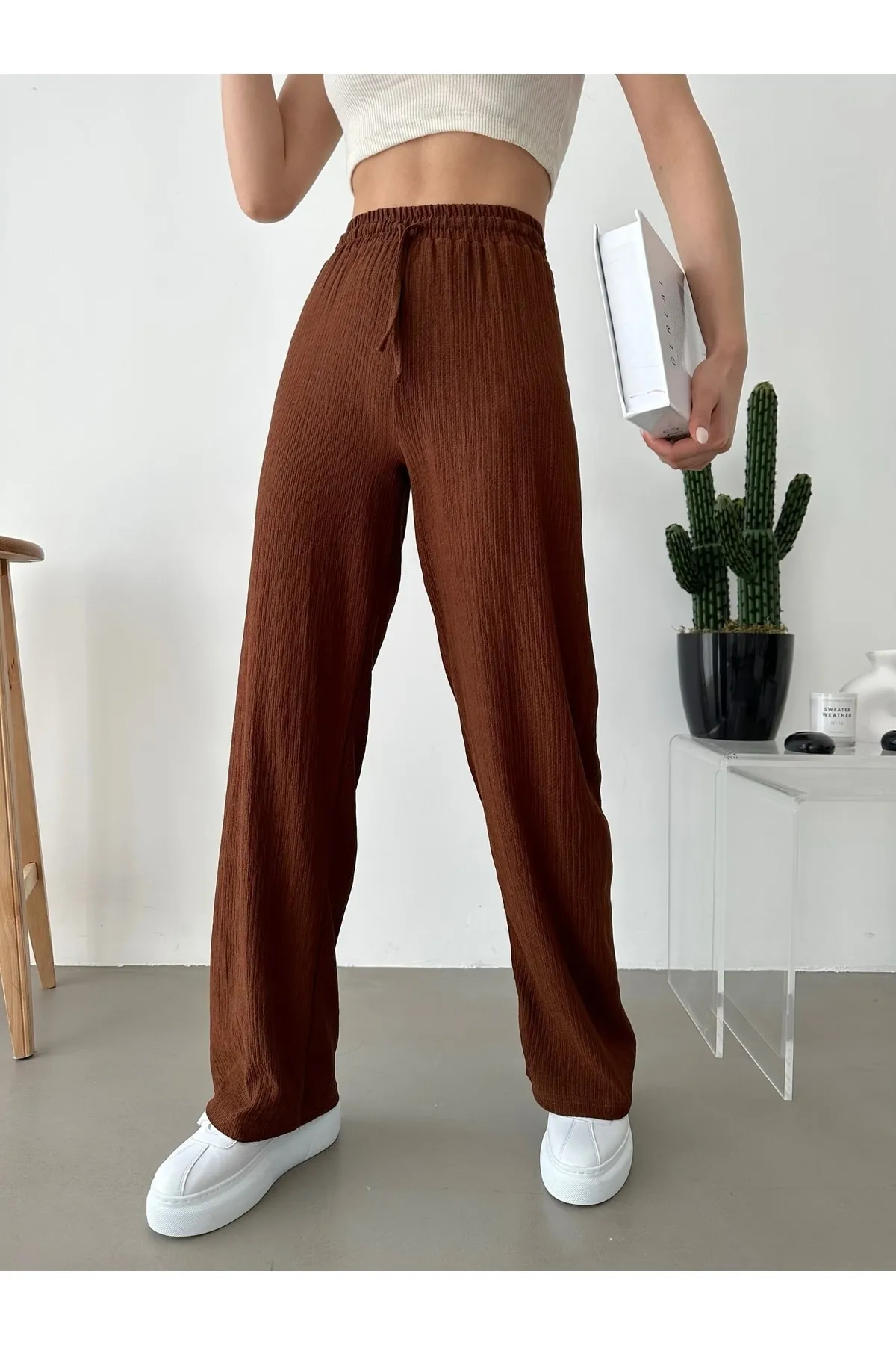 BEJNA  Braune Palazzo-Hose mit elastischem Bund für Damen