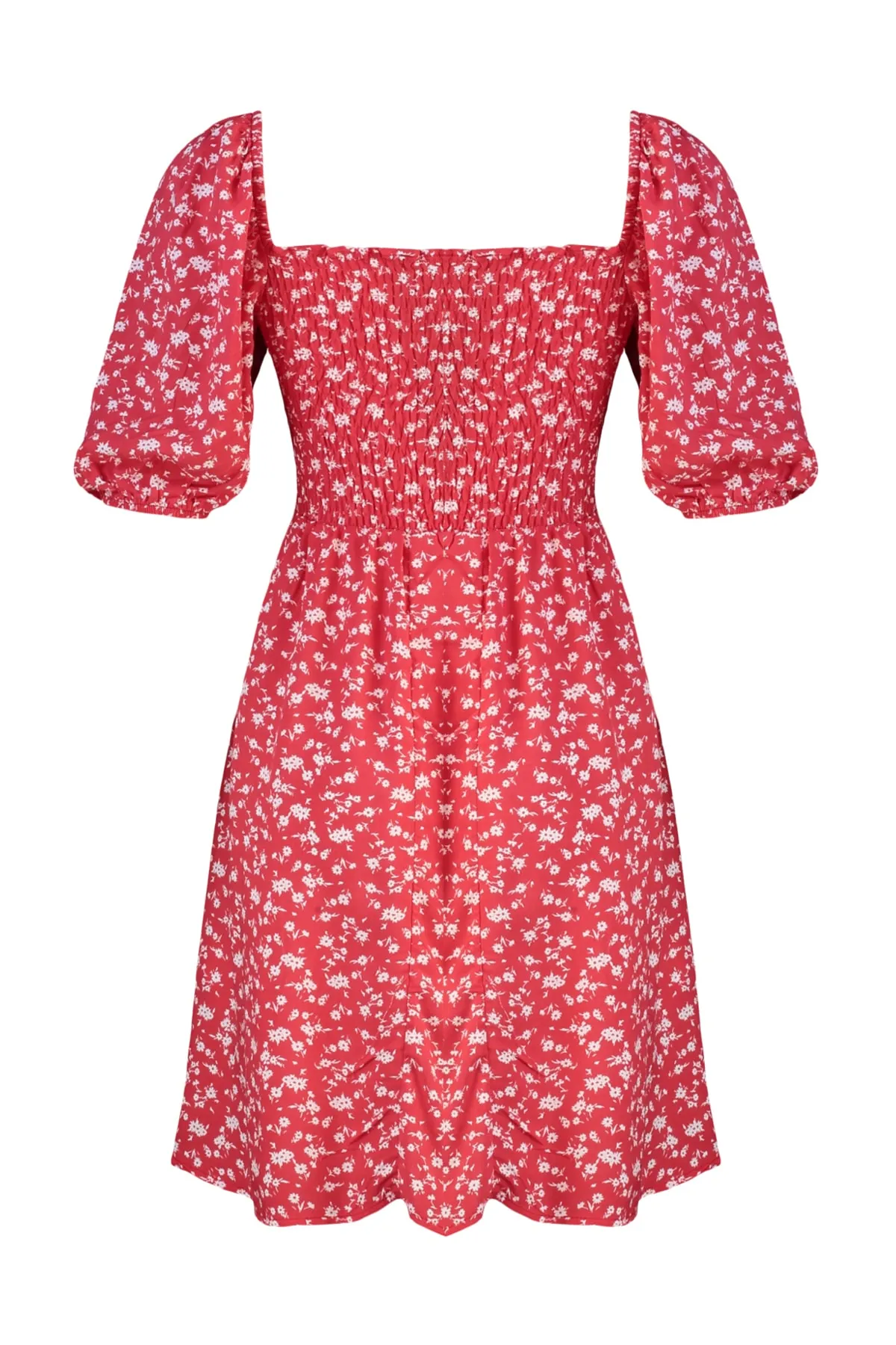 Trendyol Collection  Rotes Gimped-Minikleid aus Viskose mit floraler Taille und Öffnung TWOSS22EL0370