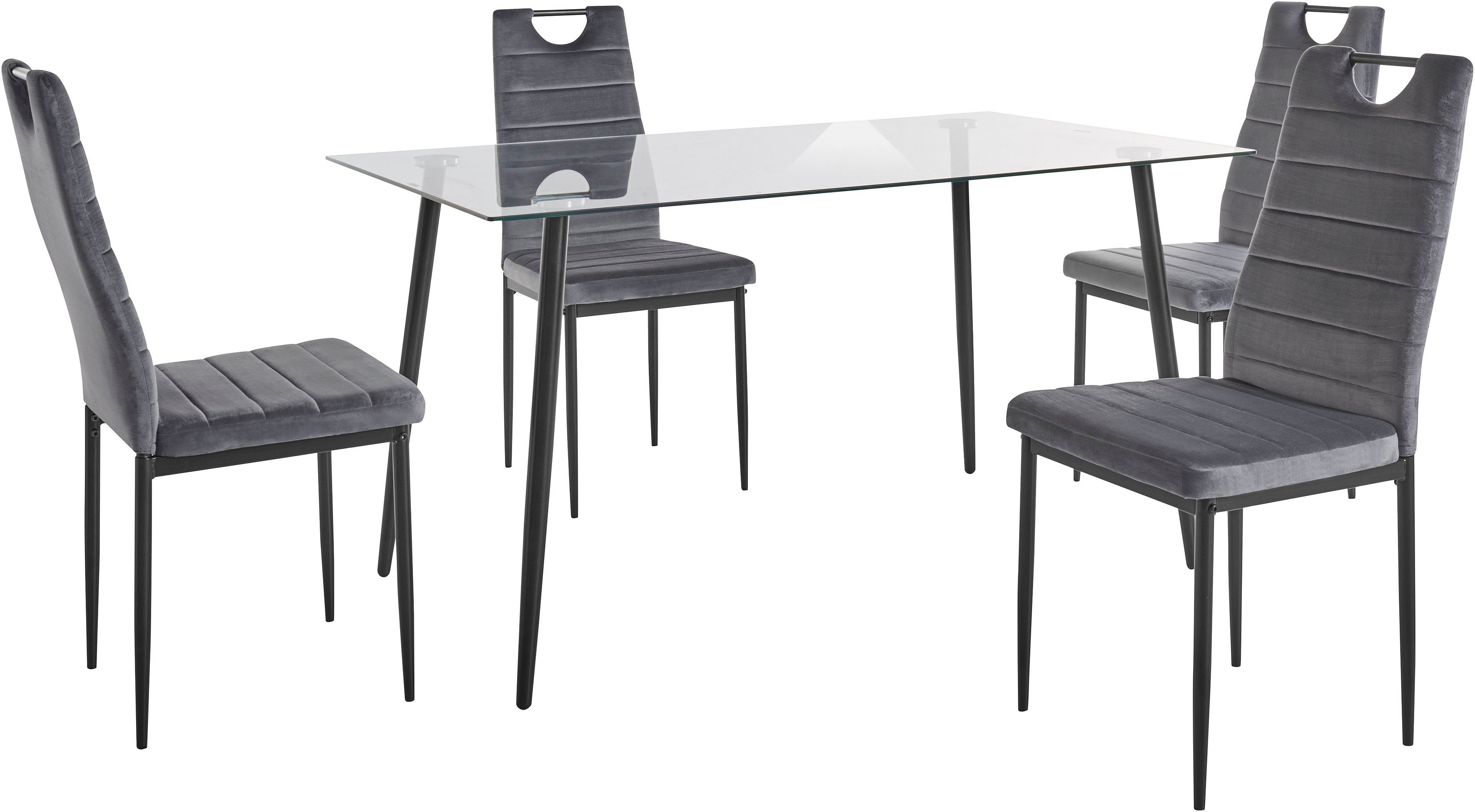 INOSIGN Essgruppe, (Set, 5-tlg), Glastisch, Breite 140 cm und 4 Esszimmerstühlen, Bezug aus Samtstoff