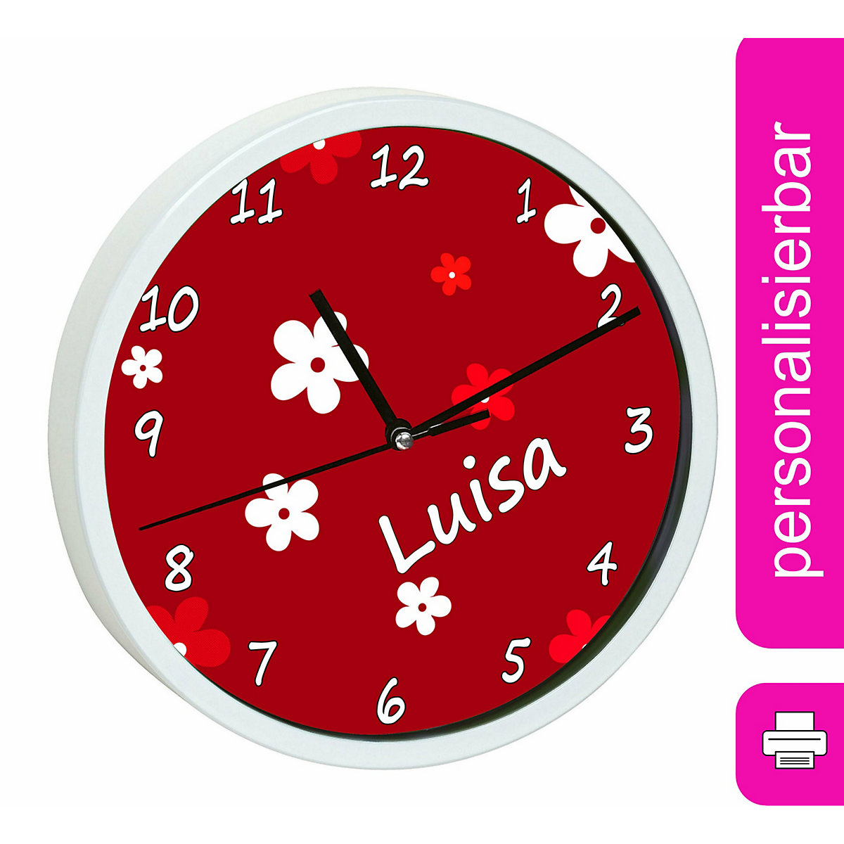 Kinder Wanduhr laufruhig personalisiert mit Name Blumen Rot