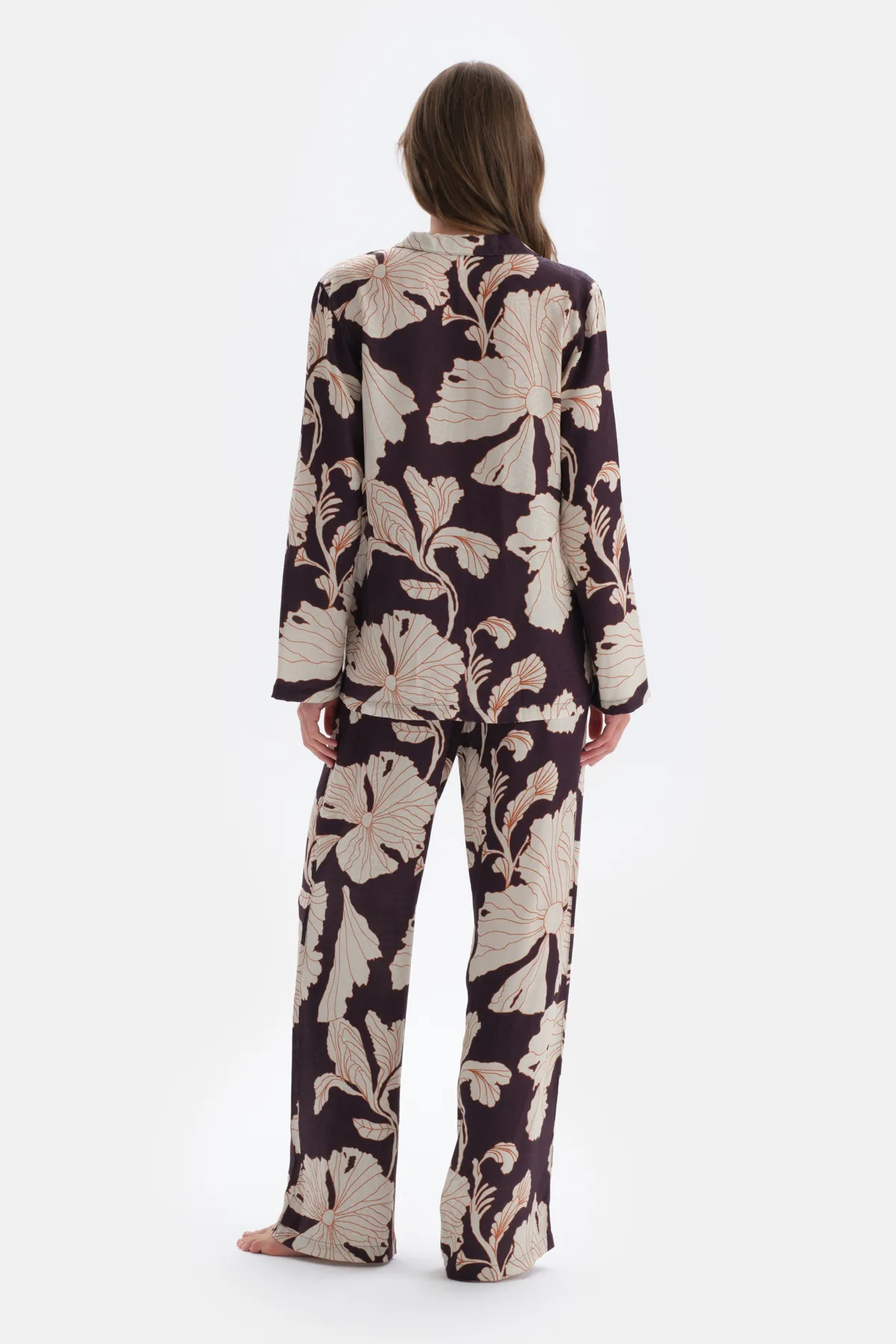 Dagi  Lilafarbenes Satin-Hemd-Pyjama-Oberteil mit Blumenmuster und detailliertem Detail