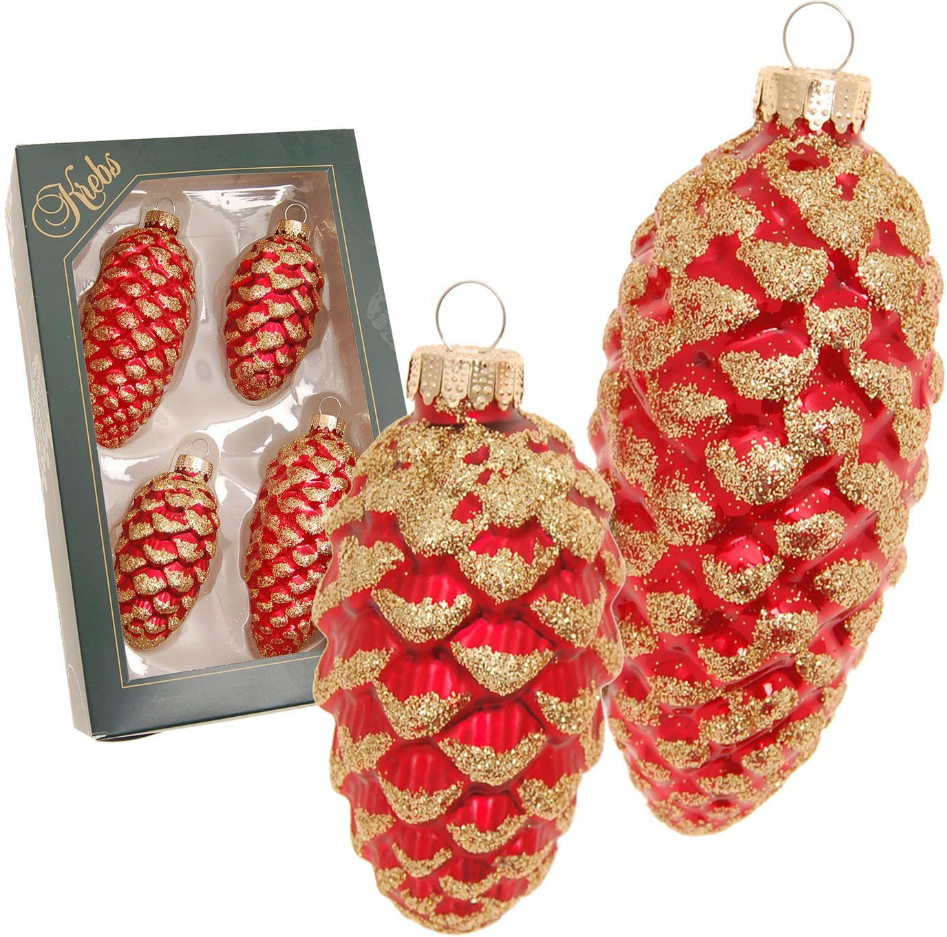 Krebs Glas Lauscha Christbaumschmuck Glas-Tannenzapfen, Rot mit Glitter, 2x klein Ø 8 cm + 2x groß Ø 10 cm (4-tlg), Weihnachtsdeko, Weihnachtsbaumkugel, Christbaumkugeln aus Glas
