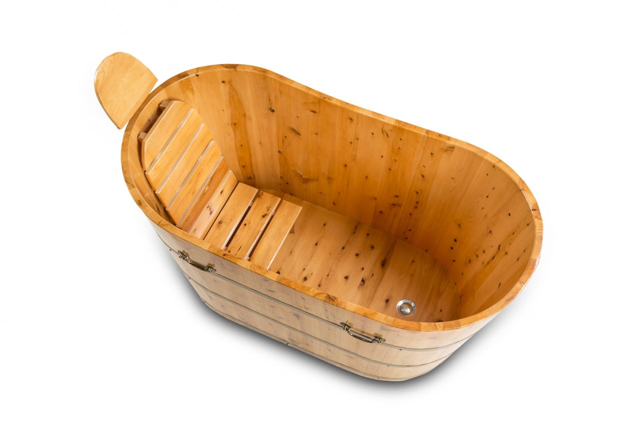 PureHaven freistehende Holzbadewanne 150x62cm aus Zedernholz 150 L ergonomische Formgebung pflegeleichte Oberfläche verstärkter Rahmen inkl. Ablauf
