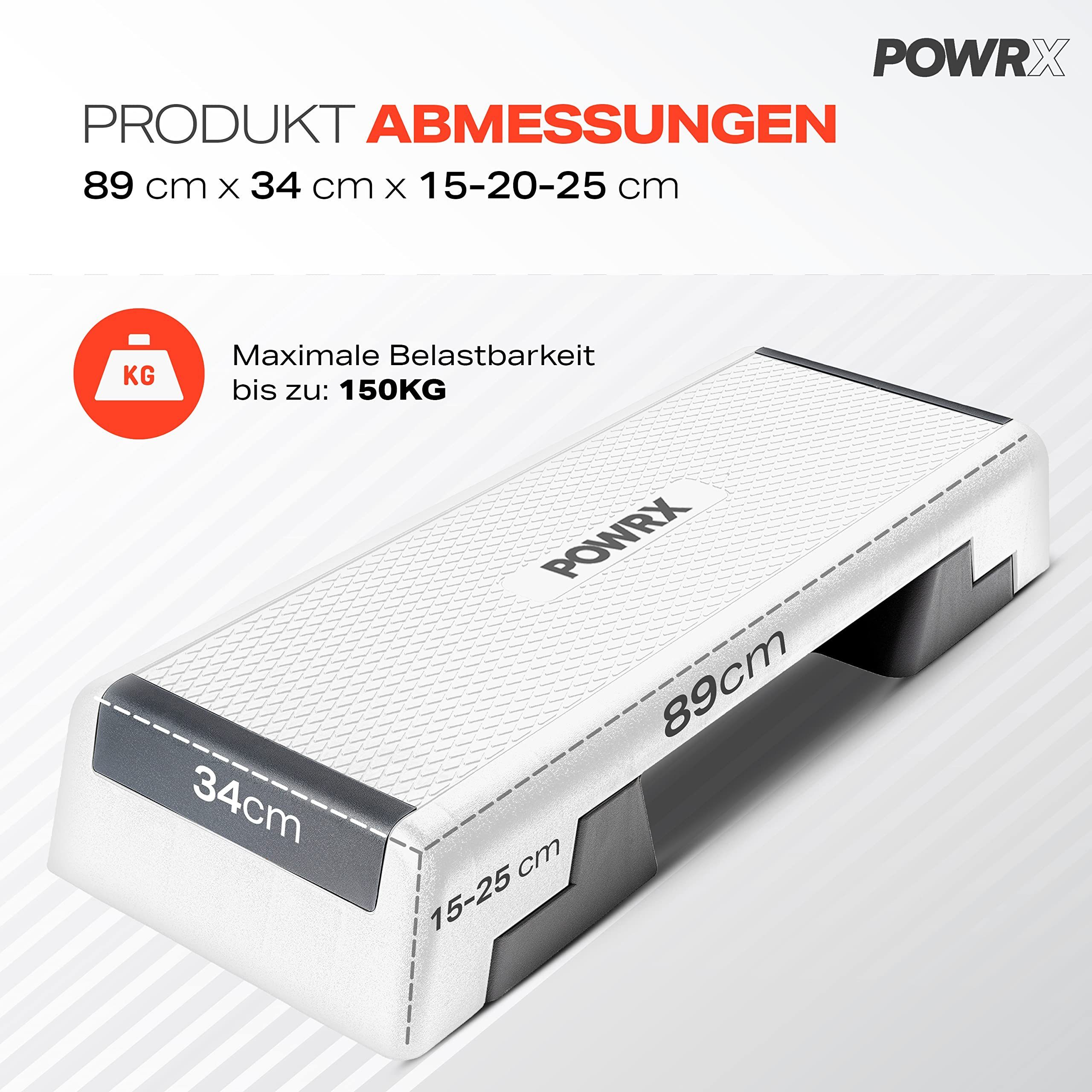POWRX Stepper Aerobic Steppbrett höhenverstellbar bis 25 cm, Wei