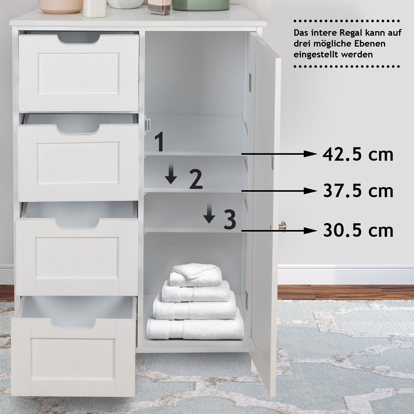 MIADOMODO Badkommode Badezimmerschrank - Weiß, MDF, Verstellbare Regalebenen, 55x30x82cm