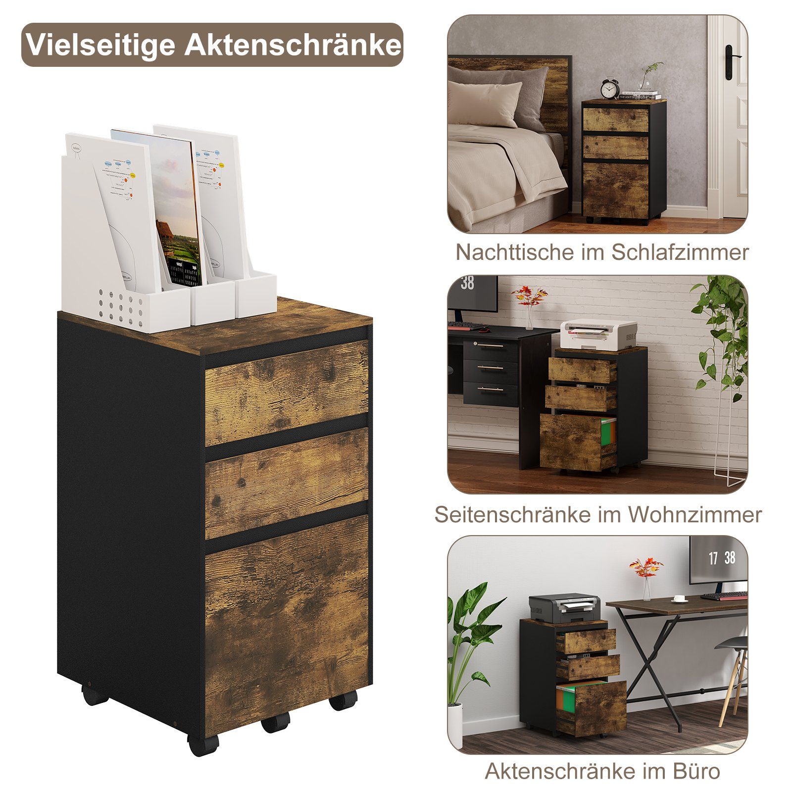 Woltu Aktenschrank (1-St) mobiler Schrank, Rollcontainer mit 3 Schubladen