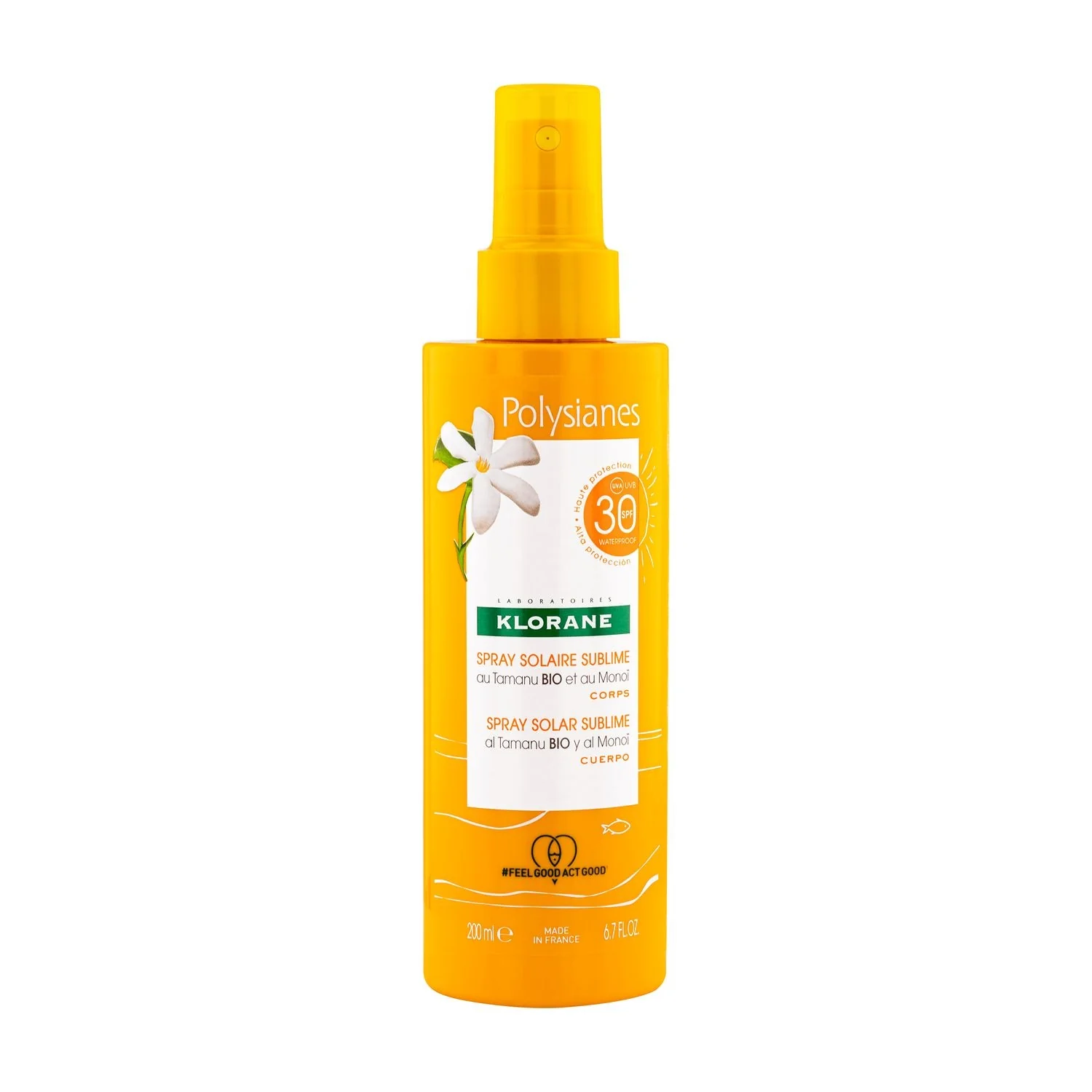 Polysianes Sublime vartalon aurinkosuihke SPF 30 luomu-tamanulla ja monoilla - Korkeasuojainen vartalon aurinkosuihke.