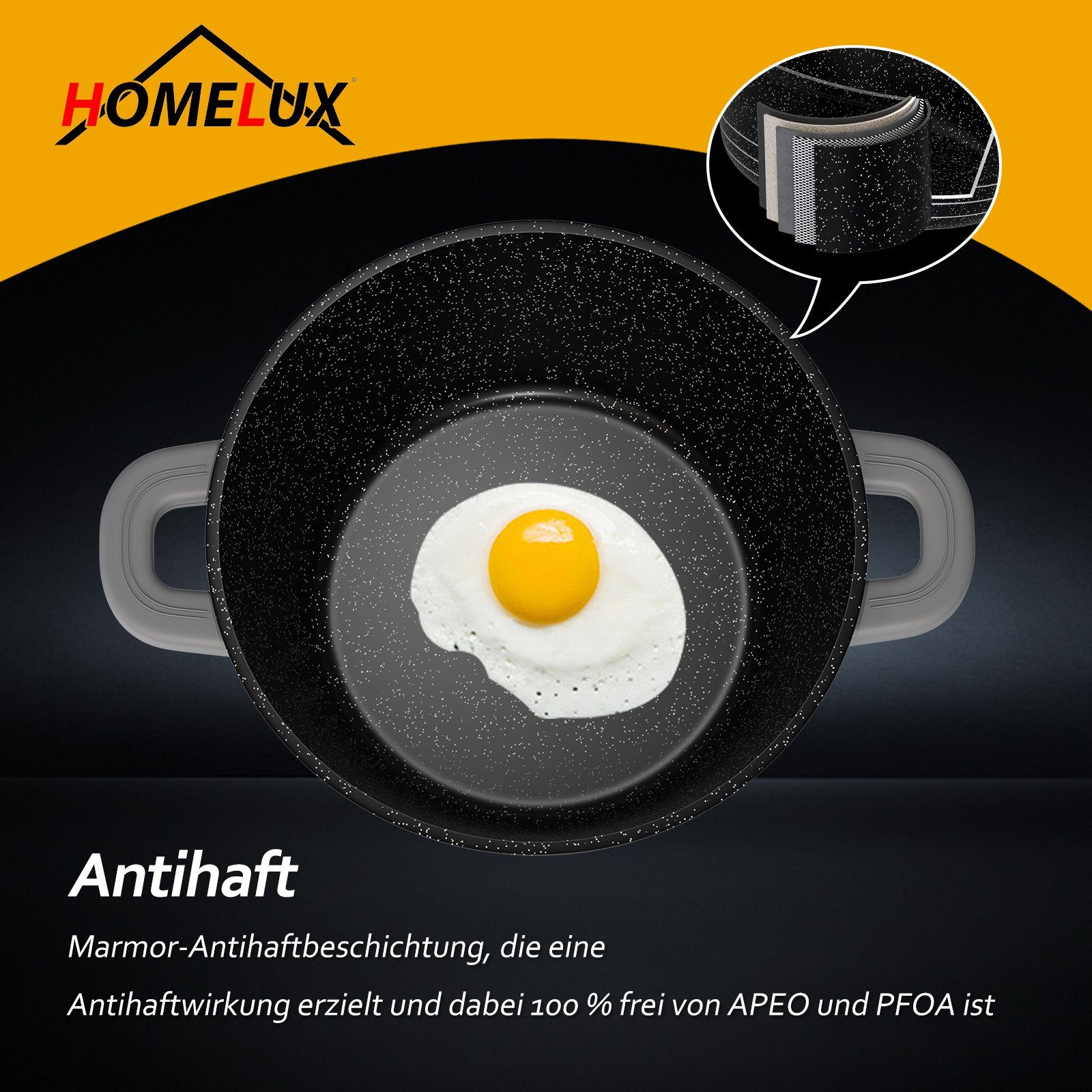 HOMELUX Suppentopf 24/28cm Tiefer Kochtopf Induktion mit Glasdeckel, Aluguss Schmortopf, Aluminium (Geeignet für alle Herdarten), induktionsgeeignet, Antihaftbeschichtung