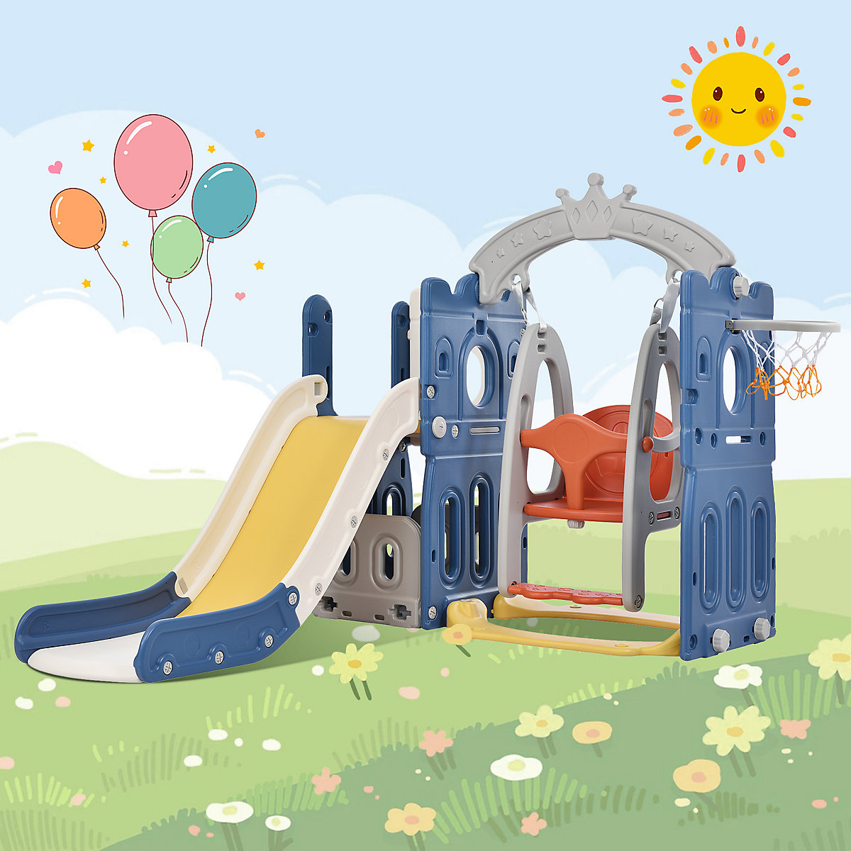 Rutsche 5-in-1 Kinderrutsche mit Schaukeln, Basketballkorb, Kletterspielzeug mit Trittleiter