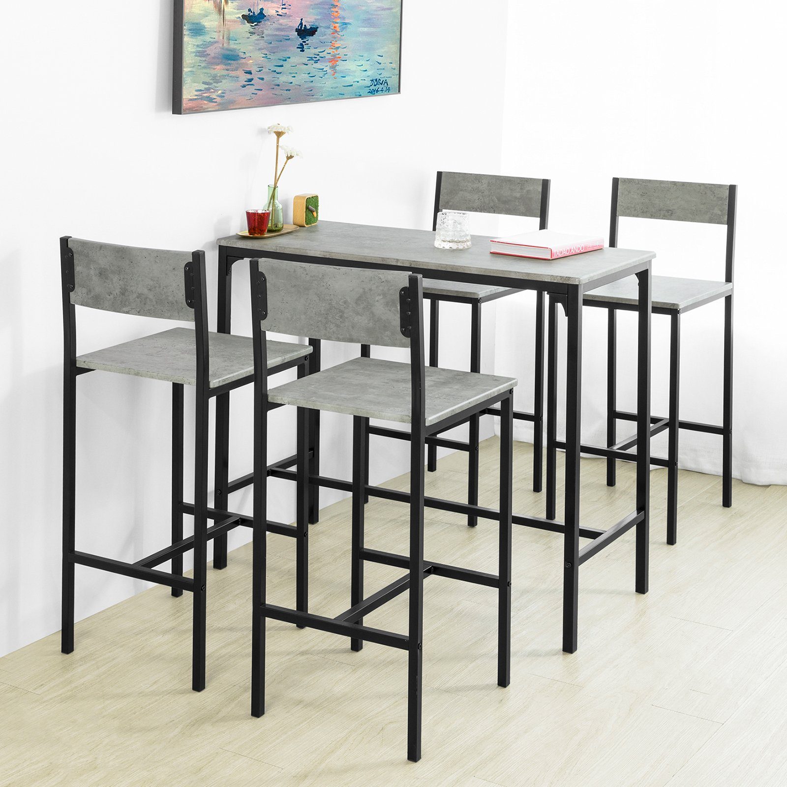 SoBuy Bartisch OGT14, Bartisch Set 5-teilig Sitzgruppe Esstisch Bistrotisch mit 4 Hockern