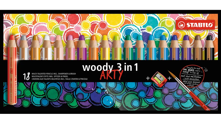 STABILO® Buntstift, Wasserfarbe & Wachsmalkreide - STABILO woody 3 in 1 - ARTY - 18er Pack mit Spitzer und Pinsel sortiert