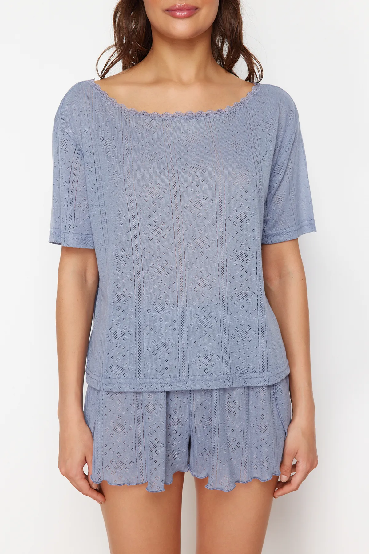 Trendyol Collection  Mehrfarbiges Pyjama-Oberteil aus Pointel-Strick mit Lochmuster im 2er-Pack THMSS24PT00276