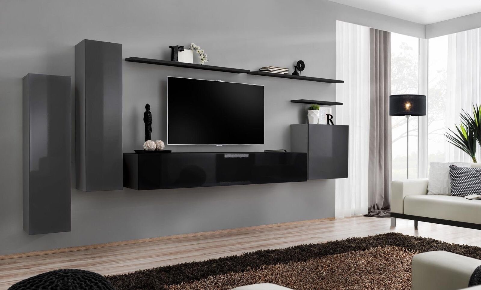 JVmoebel Wohnzimmer-Set Luxus Wohnzimmer Moderne Designer Möbel Grau Wohnwand TV-Ständer, (8-St., 1x Wohnwand + 1x TV Ständer + 3x Wandschrank + 3x Wandregal), Made in Europa