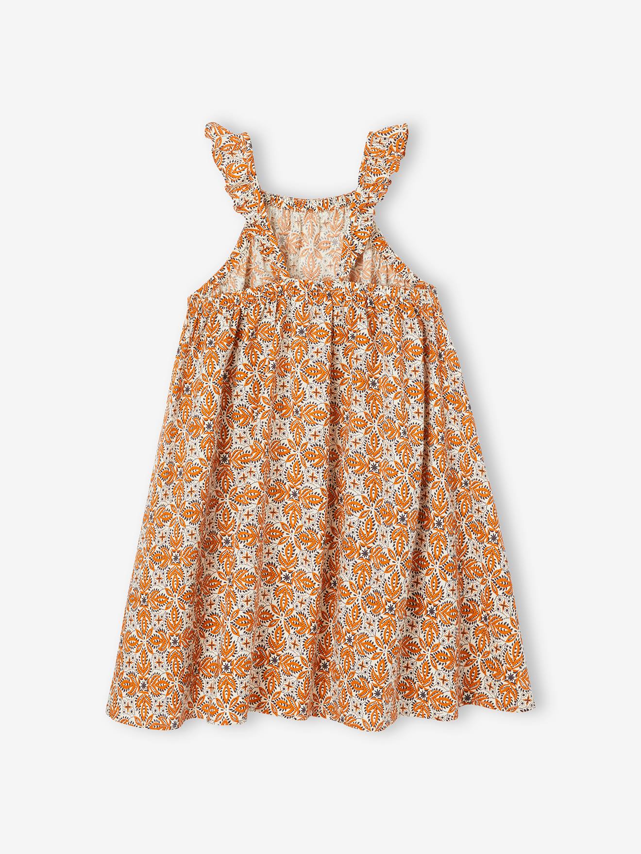Robe à bretelles volantées imprimée ethnique fille écru