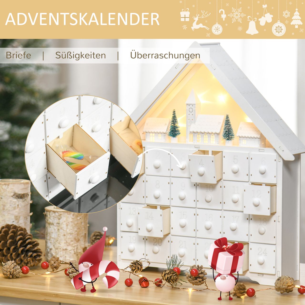 HOMCOM Adventskalender Weihnachtsdekoration 24 Schubladen LED klassisch